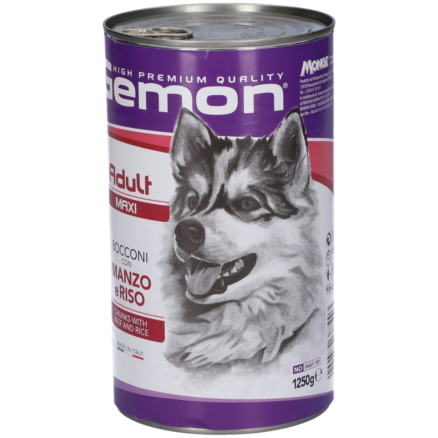 Lattina di cibo per cani Gemon Adult Maxi Bocconi con Manzo e Riso. Immagine di un cane.