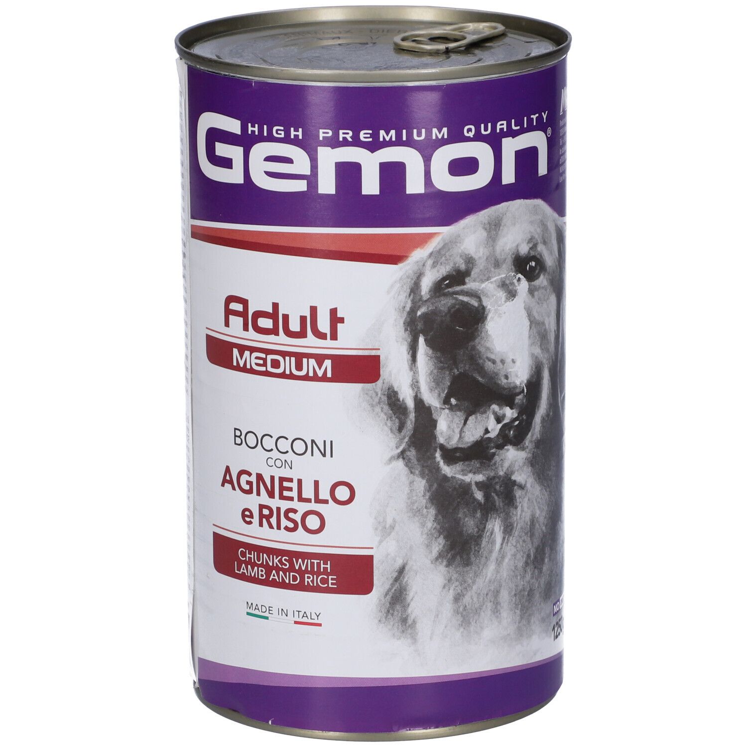 Lattina Gemon Adult Medium Bocconi Agnello Riso. Scritta: Adult Medium, bocconcini con agnello e riso. Cane sulla lattina.