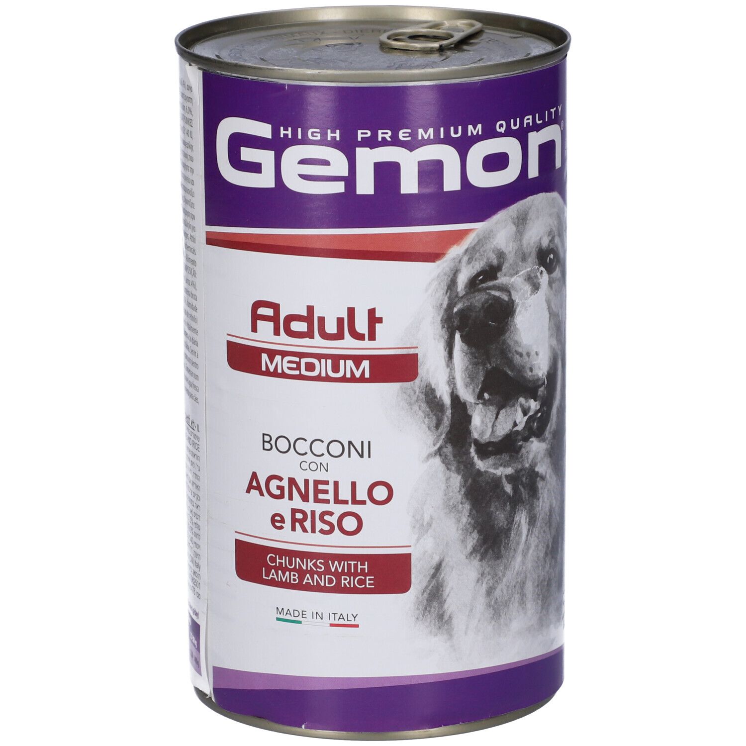 Lattina Gemon Adult Medium Bocconi Agnello Riso. Scritta: Adult Medium, bocconcini con agnello e riso. Cane sulla lattina.