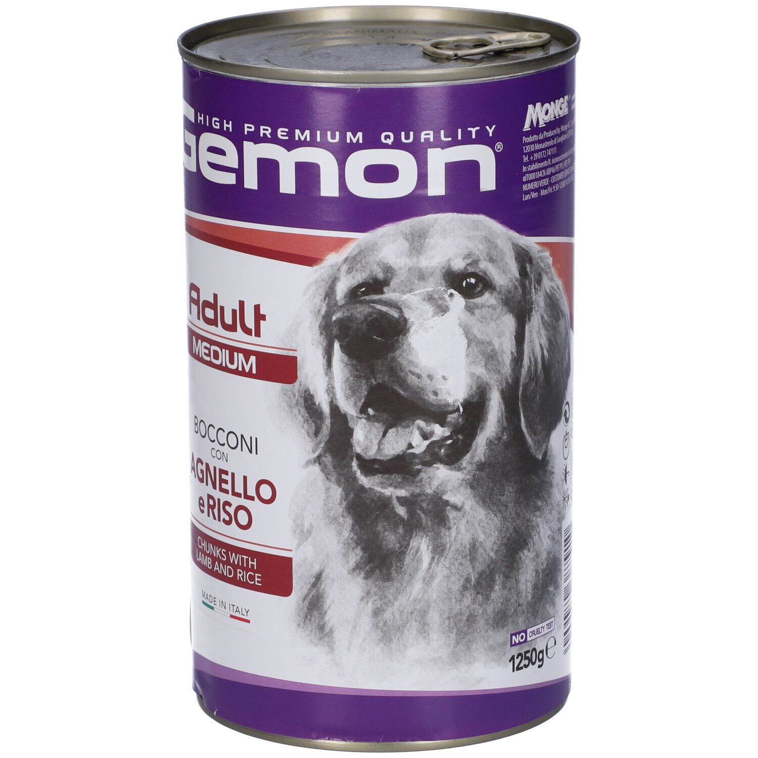 Lattina Gemon Adult Medium Bocconi Agnello Riso. Scritta: Adult Medium, bocconcini con agnello e riso. Cane sulla lattina. 1250g.