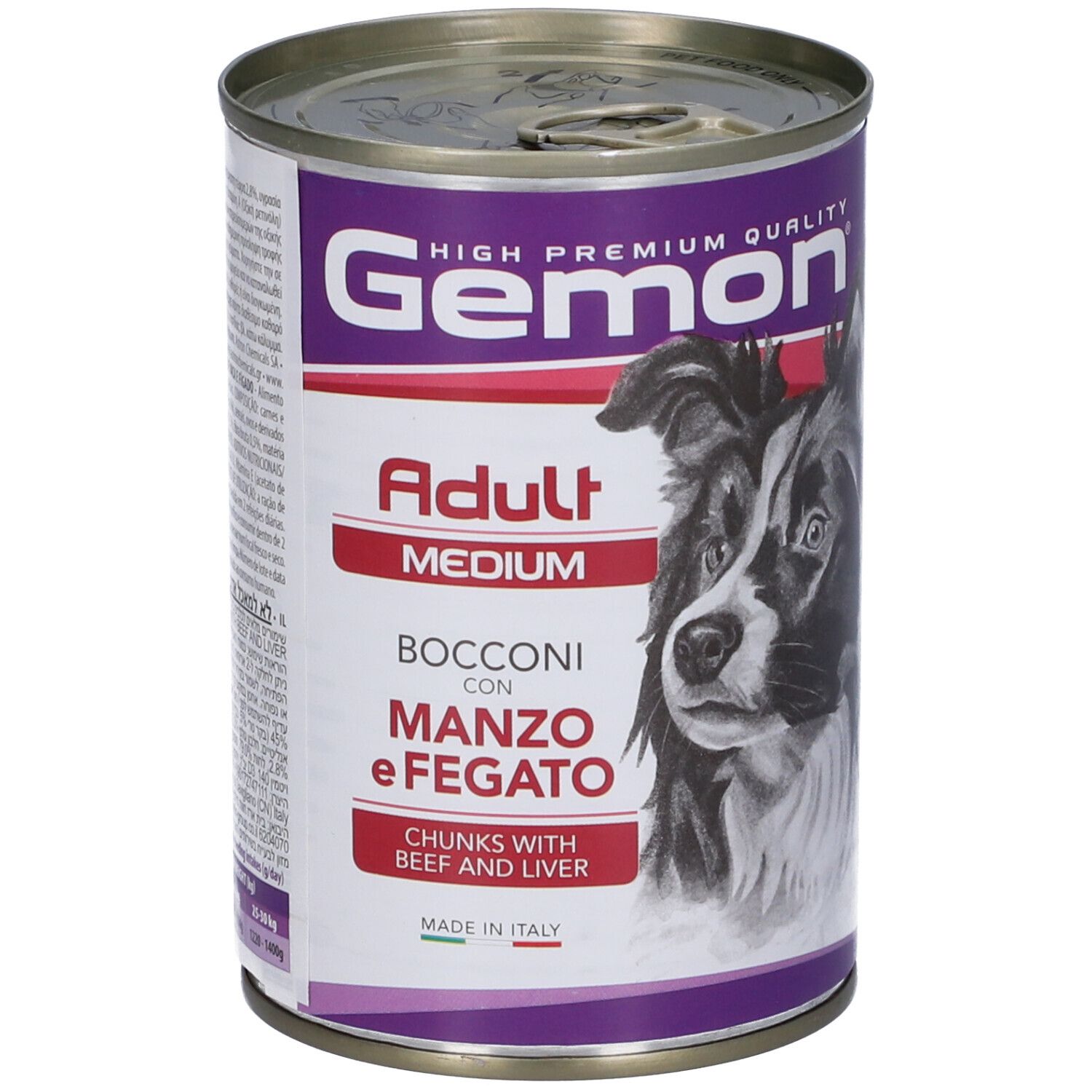 Lattina di cibo per cani Gemon. Scritta: Adult Medium, Bocconi con Manzo e Fegato. Immagine di un cane. Prodotto in Italia.