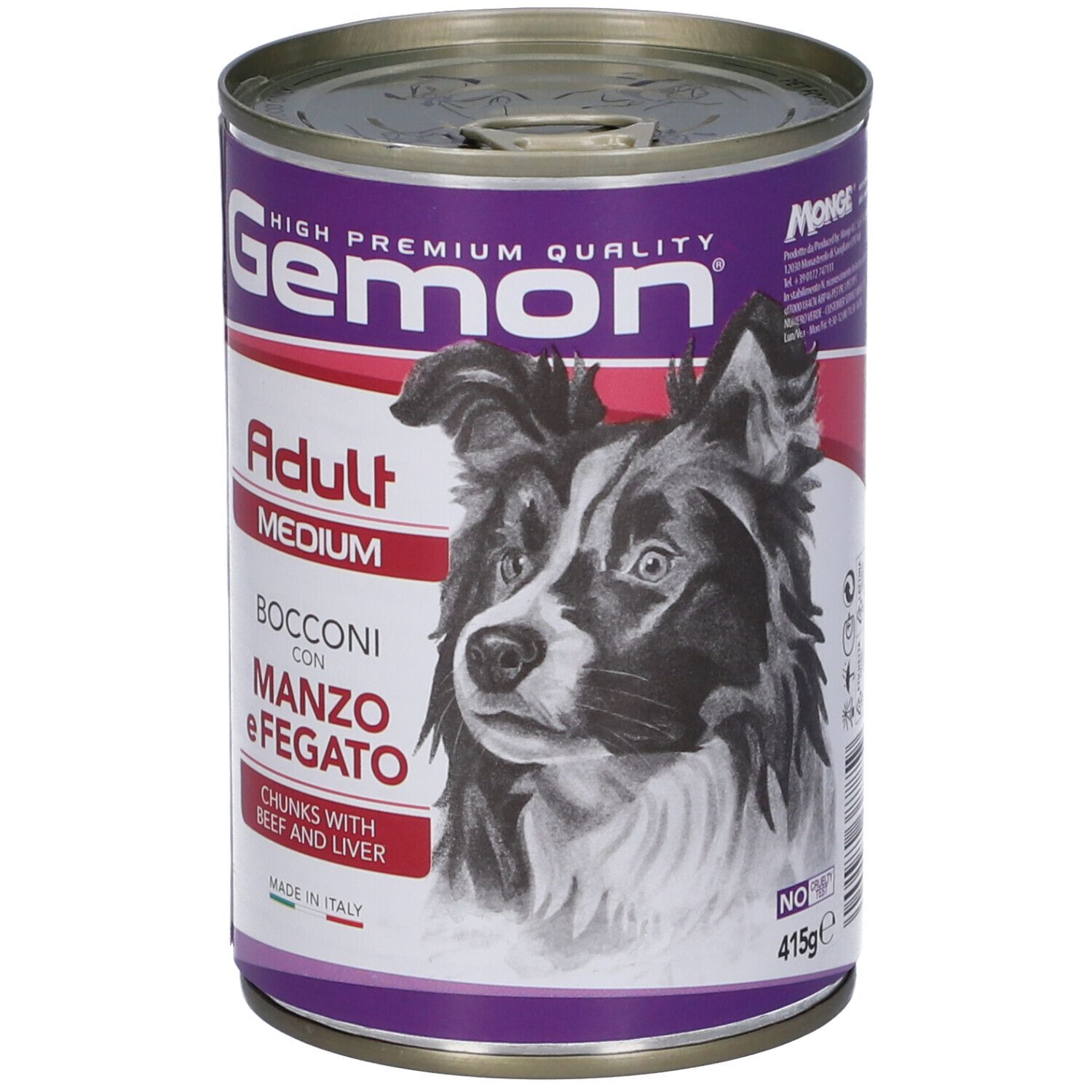 Lattina di cibo per cani Gemon. Scritta: Adult Medium, Bocconi con Manzo e Fegato. Immagine di un cane. 415g.