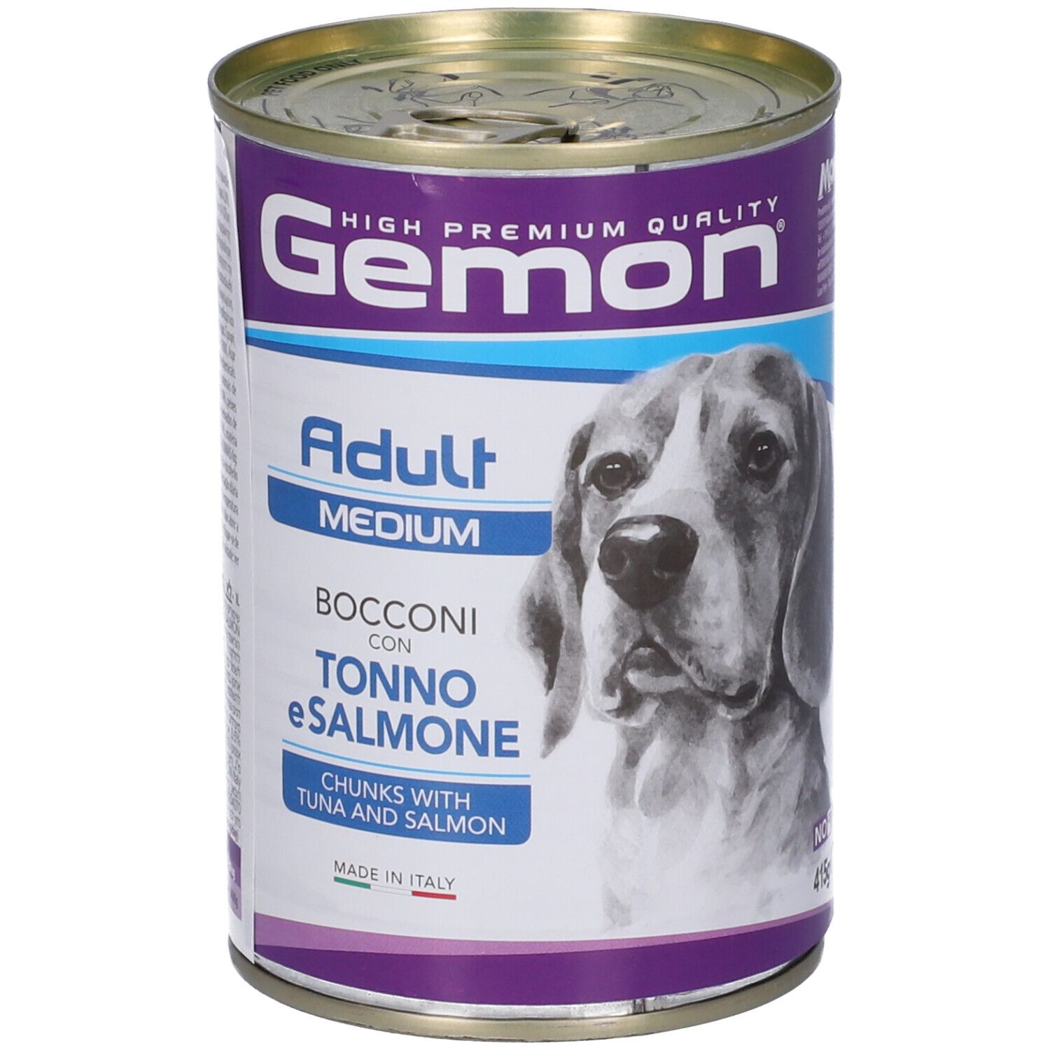 Lattina di cibo per cani con etichetta. Scritta: Gemon Adult Medium Bocconi Tonno e Salmone. Immagine di un cane.