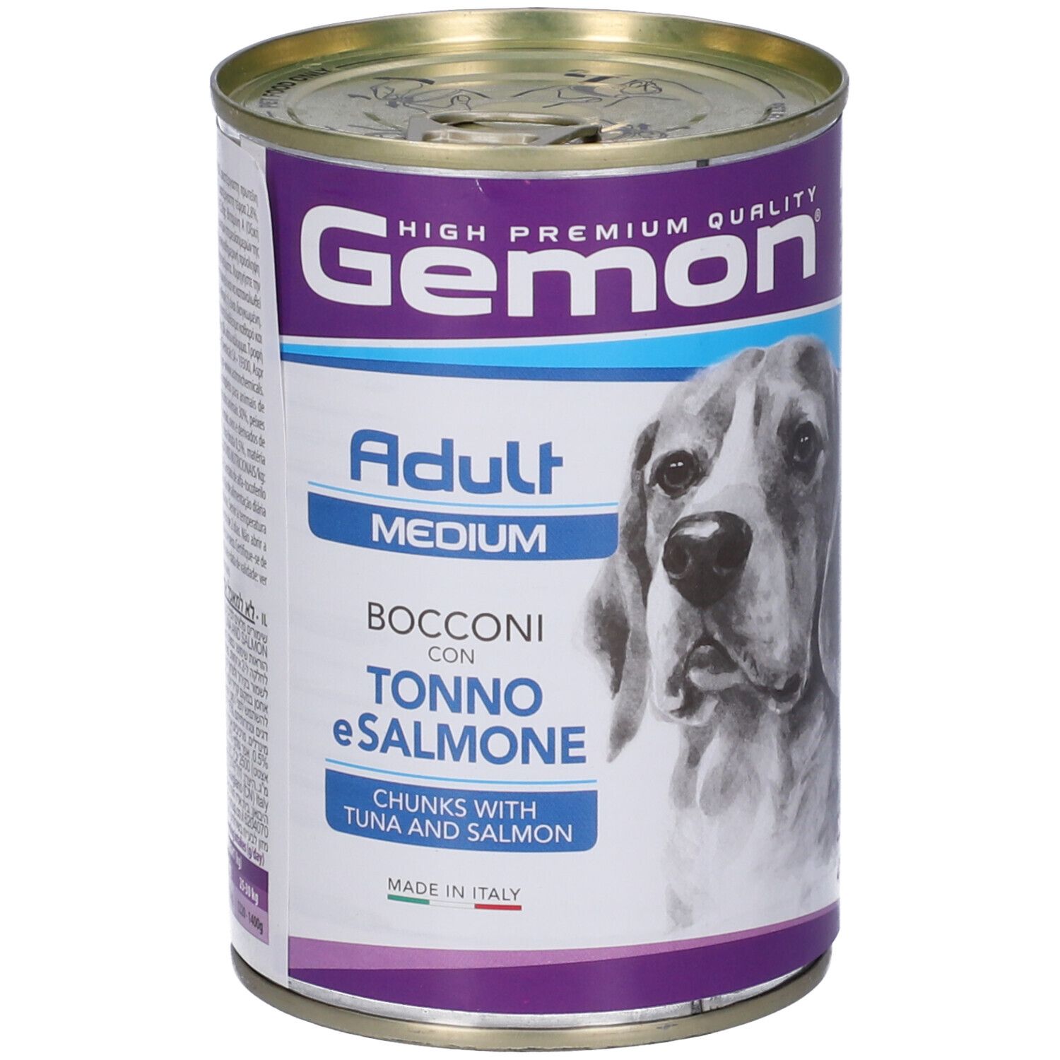 Lattina di cibo per cani con etichetta. Scritta: Gemon Adult Medium Bocconi Tonno e Salmone. Immagine di un cane.