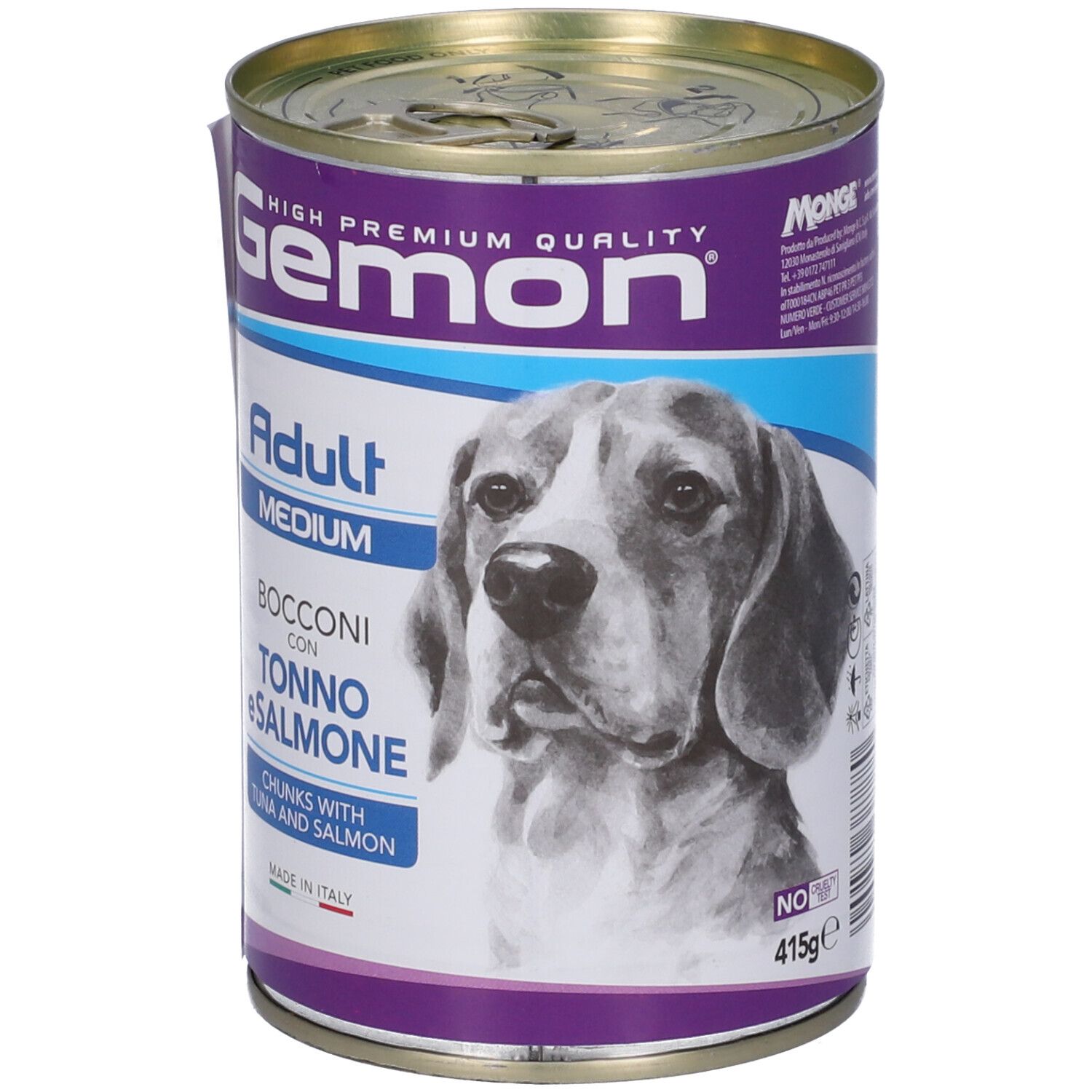 Lattina di cibo per cani con etichetta. Scritta: Gemon Adult Medium Bocconi Tonno e Salmone. Immagine di un cane.