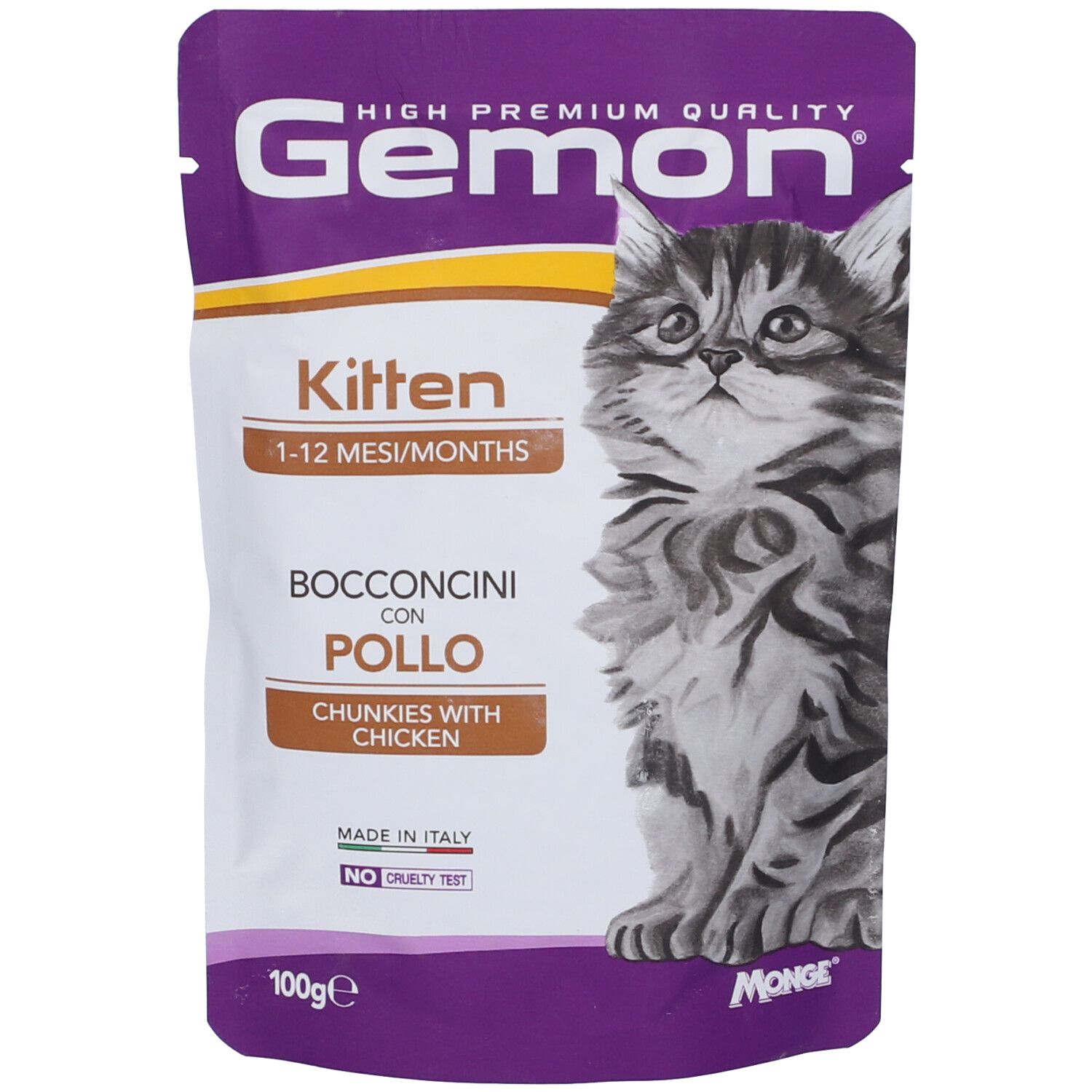 Confezione Gemon Kitten Bocconcini Di Pollo. Busta viola con nome prodotto e illustrazione gattino. Testo: 1-12 mesi, bocconcini al pollo.