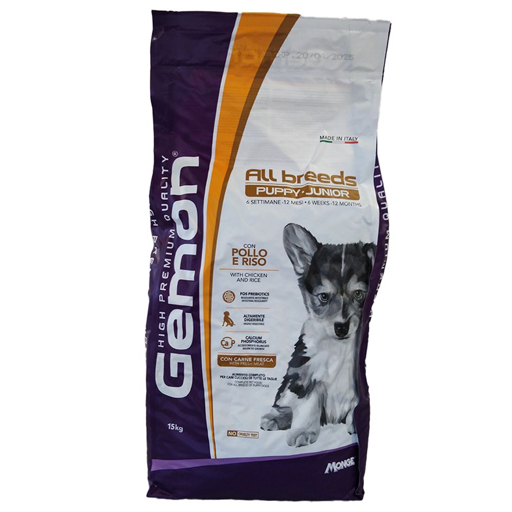 Sacchetto Gemon Medium Puppy Pollo Riso. Immagine di cucciolo. Testo: "All Breeds Puppy Junior".