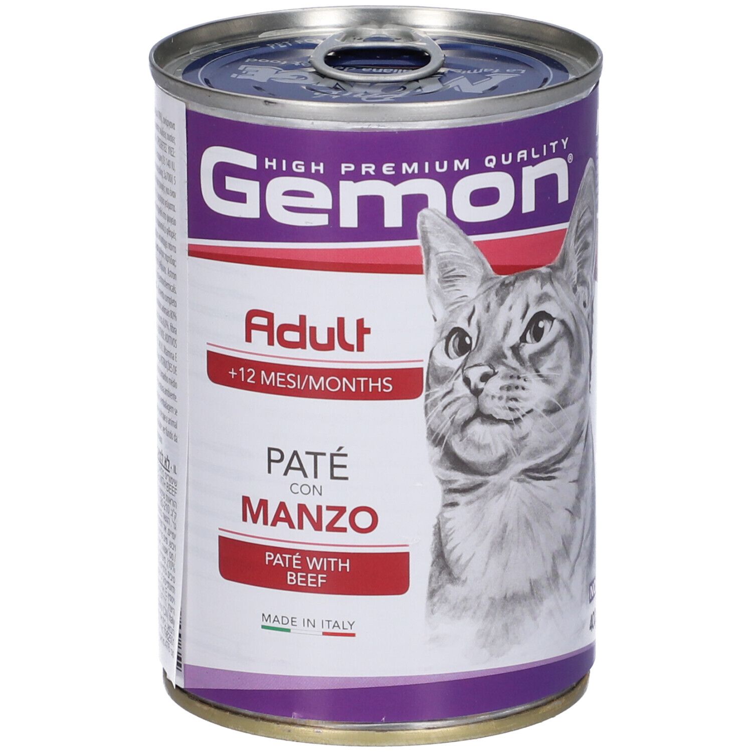 Lattina di cibo per gatti Gemon. Scritta: Adult, Paté con Manzo. Immagine di un gatto. Prodotto in Italia.