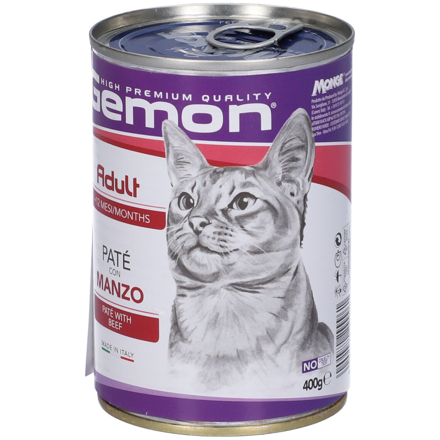 Lattina di cibo per gatti Gemon. Scritta: Adult, Paté con Manzo. Immagine di un gatto. 400g. Prodotto in Italia.
