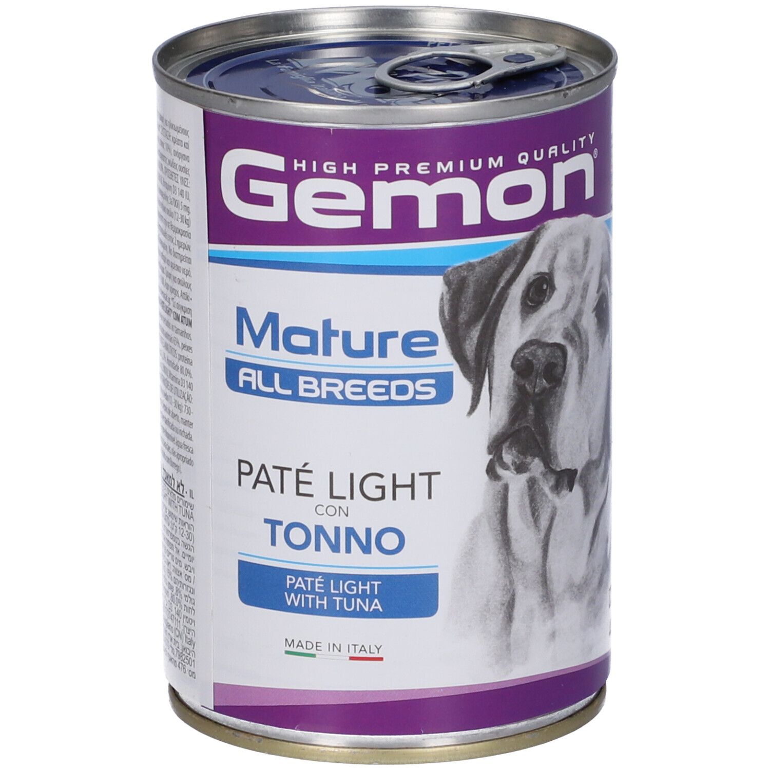 Lattina Gemon Paté Light Tonno Cani. Scritta: Mature All Breeds, Paté Light con Tonno. Immagine cane.