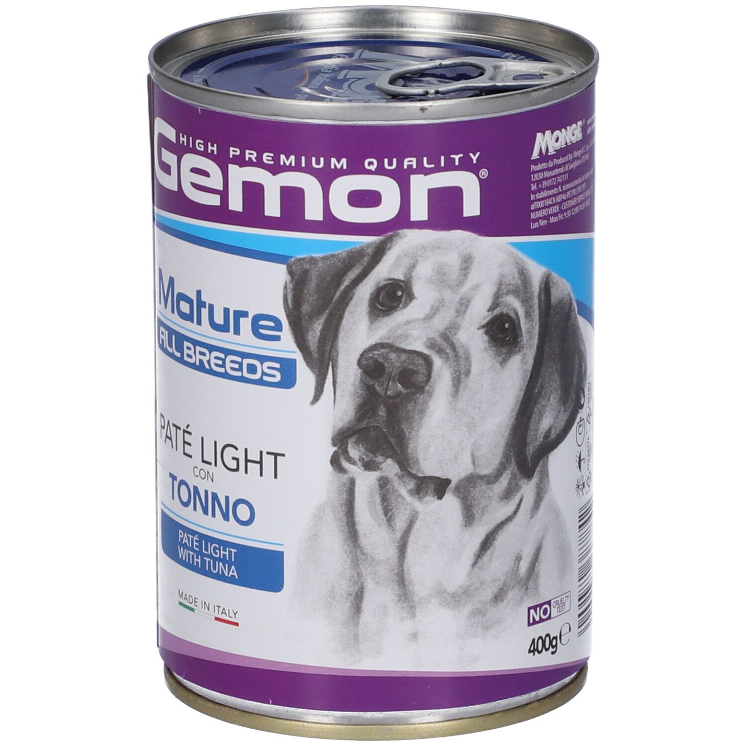 Lattina Gemon Paté Light Tonno Cani. Scritta: Mature All Breeds, Paté Light con Tonno. Immagine cane. 400g.