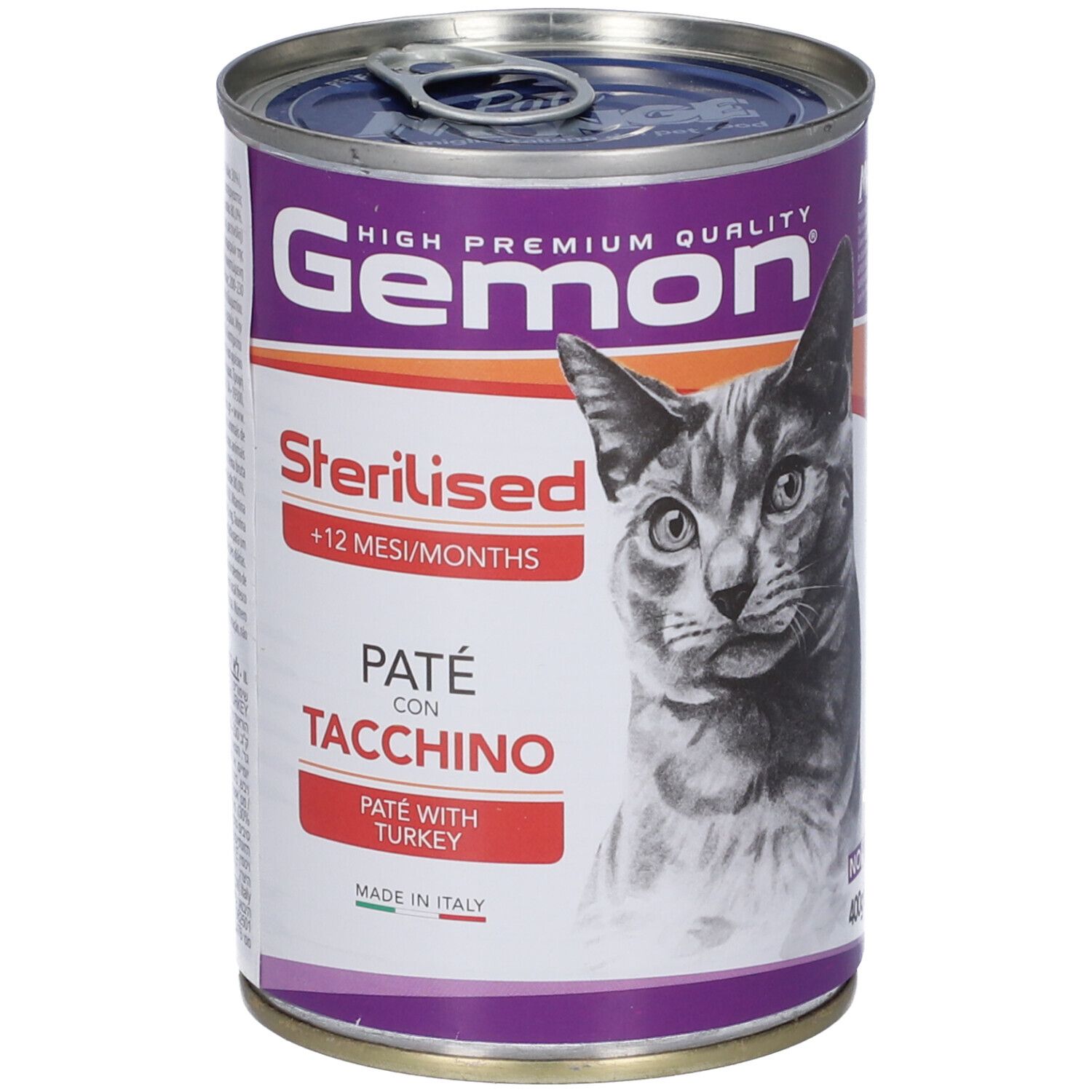 Lattina di cibo per gatti Gemon. Scritta: Sterilizzato, +12 mesi, Paté con Tacchino. Immagine di un gatto.