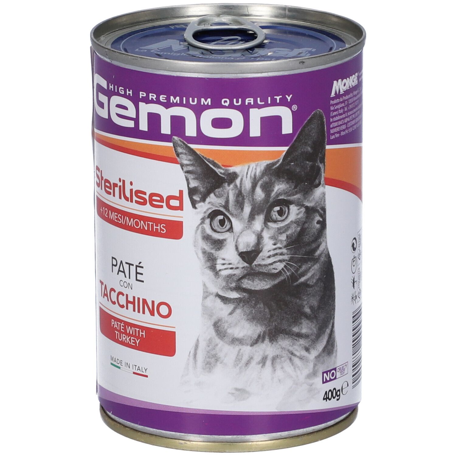 Lattina di cibo per gatti Gemon. Scritta: Sterilizzato, +12 mesi, Paté con Tacchino. Immagine di un gatto. 400g.
