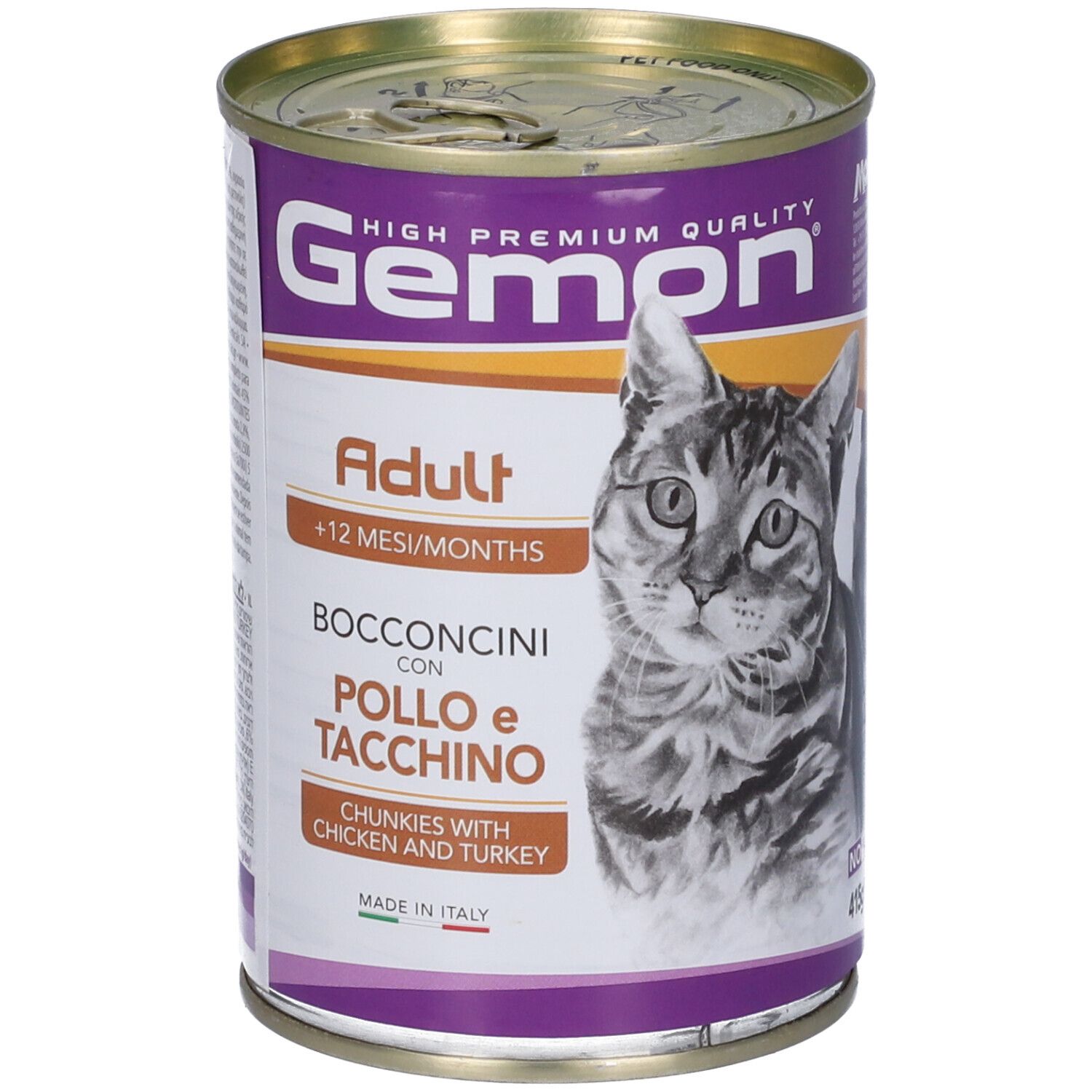 Lattina Gemon, Adult, Bocconcini con Pollo e Tacchino. Immagine di un gatto.