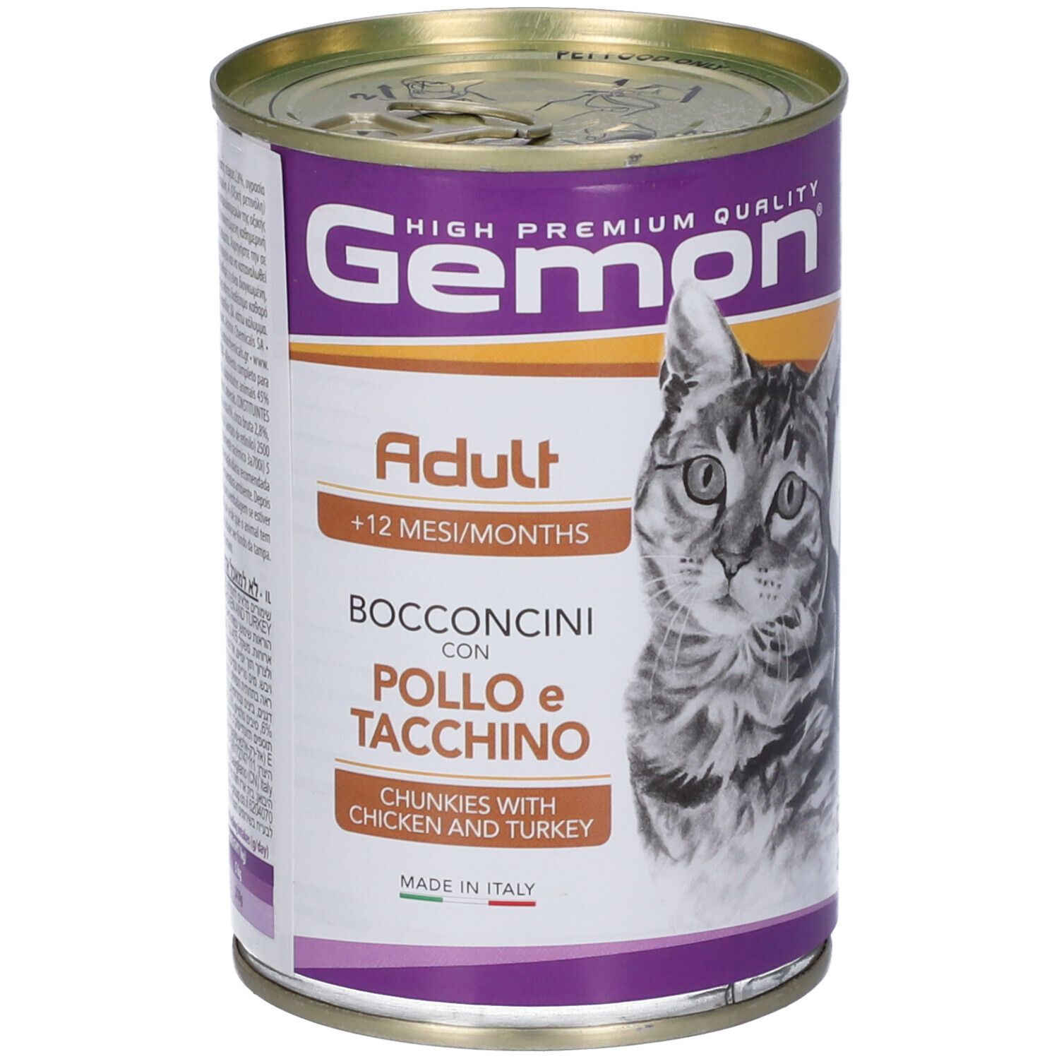 Lattina Gemon, Adult, Bocconcini con Pollo e Tacchino. Immagine di un gatto.