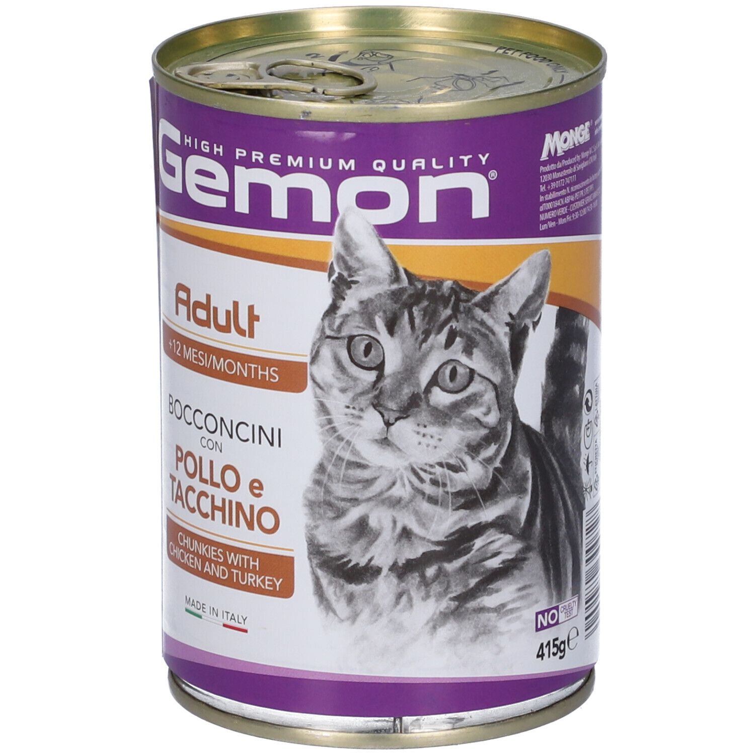 Lattina Gemon, Adult, Bocconcini con Pollo e Tacchino. Immagine di un gatto. Peso: 415g.