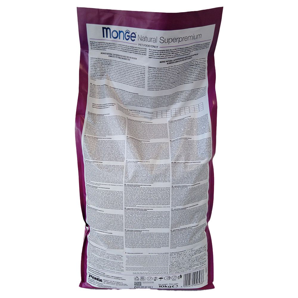 Retro del sacchetto di cibo per gatti Monge. Testo multilingue. Logo: Monge Natural Superpremium. Peso: 10 kg.