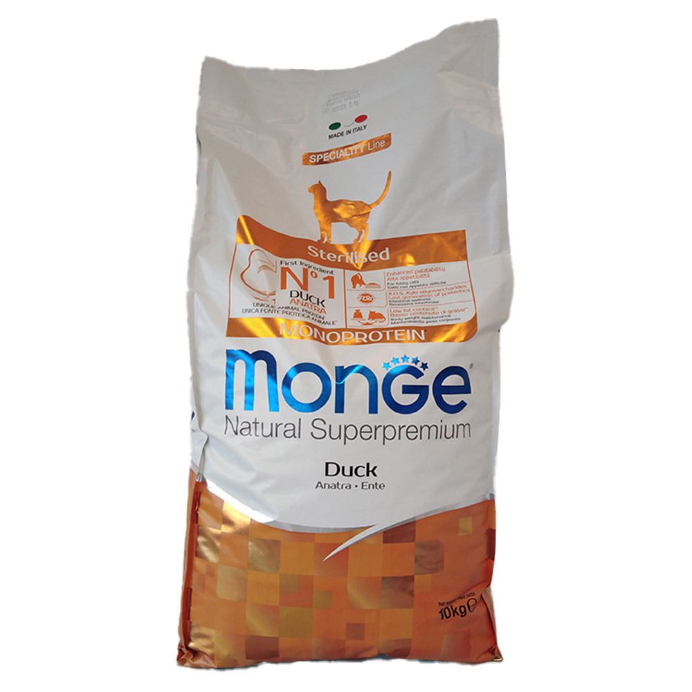 Sacchetto di cibo per gatti Monge Natural Superpremium, Monoproteico Anatra, 10 kg. Vista frontale con logo e informazioni.