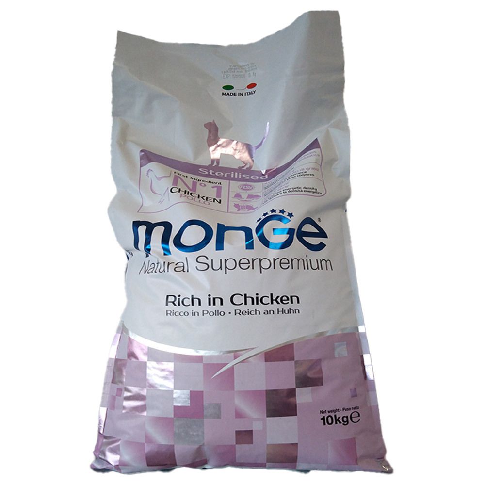 Sacchetto Monge Sterilised Cat Monoprotein Pollo 10 Kg. Confezione bianca con logo e informazioni. Ricco di pollo.