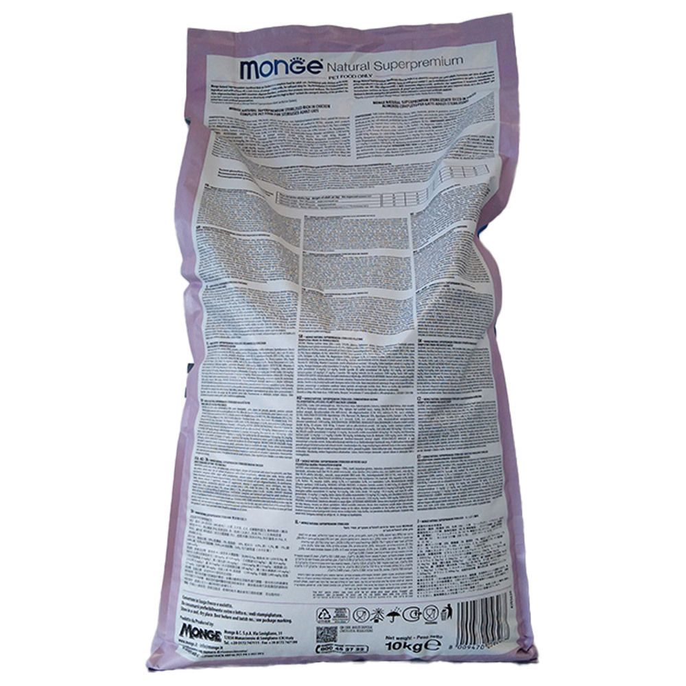 Retro del sacchetto Monge Sterilised Cat Monoprotein Pollo 10 Kg. Informazioni testuali su sfondo bianco.