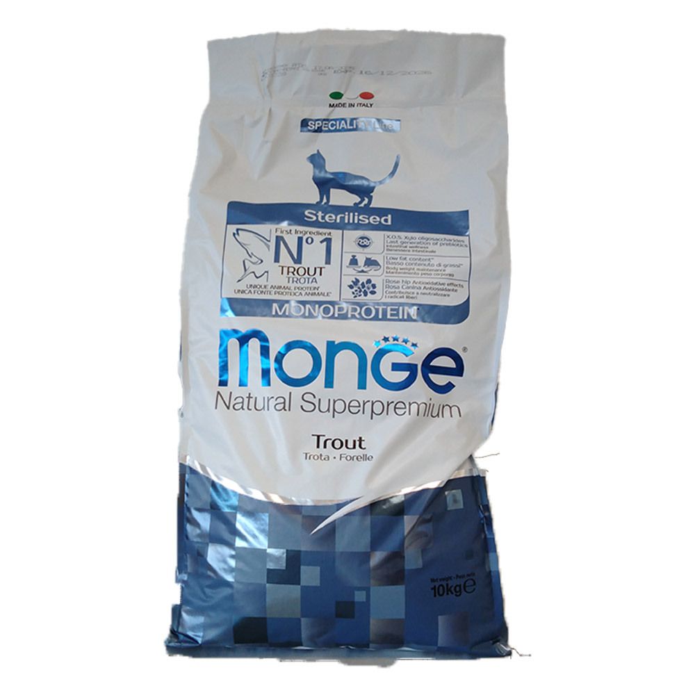 Monge Sterilised Cat Monoprotein Trota 10 Kg. Confezione bianca e blu. Logo, gatto, trota, testo.