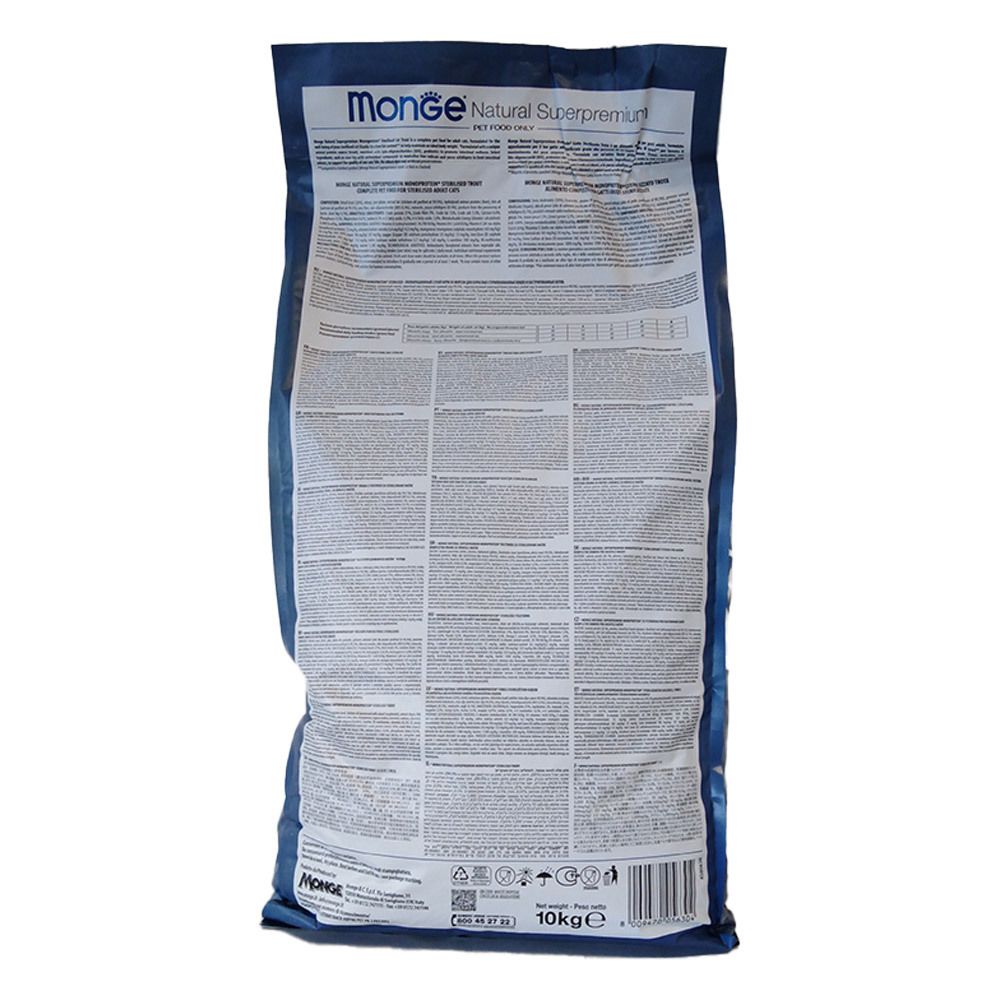 Retro confezione Monge Sterilised Cat Monoprotein Trota 10 Kg. Testo, logo, 10kg.