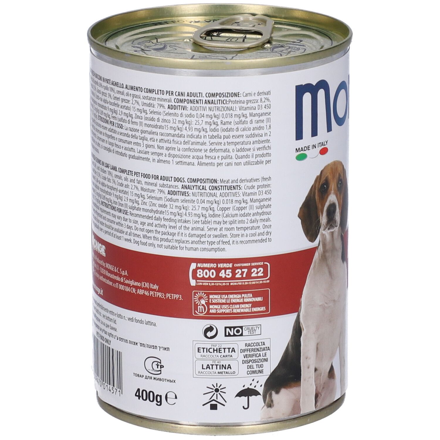 Lattina di cibo per cani con testo. Monge Fresh Adult Agnello Bocconi in Paté. Ingredienti, componenti analitici.
