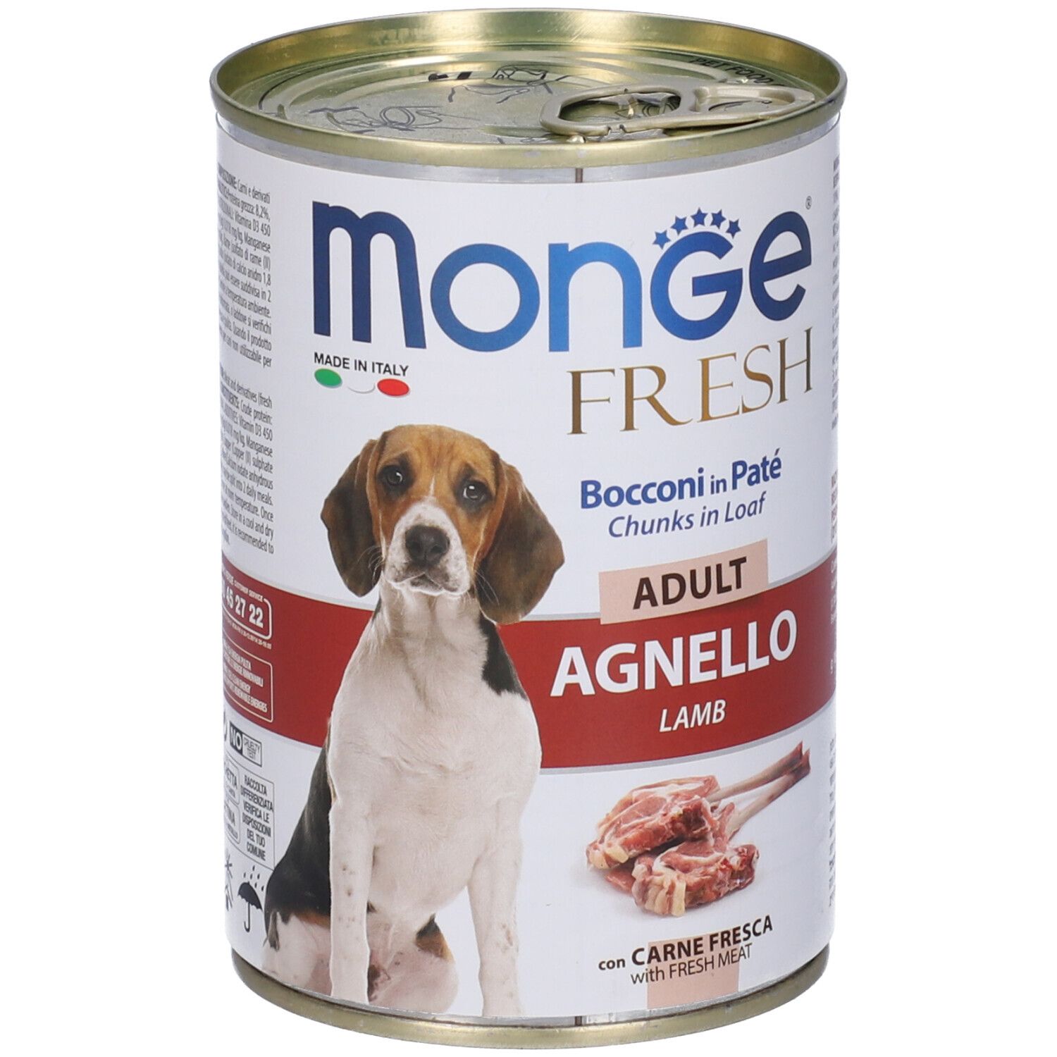 Lattina di cibo per cani. Monge Fresh Adult Agnello Bocconi in Paté. Immagine di cane e carne d'agnello.