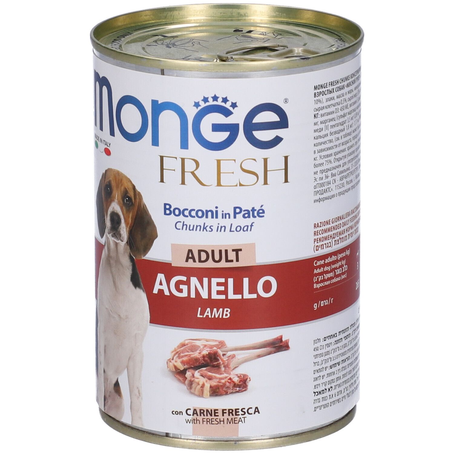 Lattina di cibo per cani. Monge Fresh Adult Agnello Bocconi in Paté. Immagine di cane e carne d'agnello.