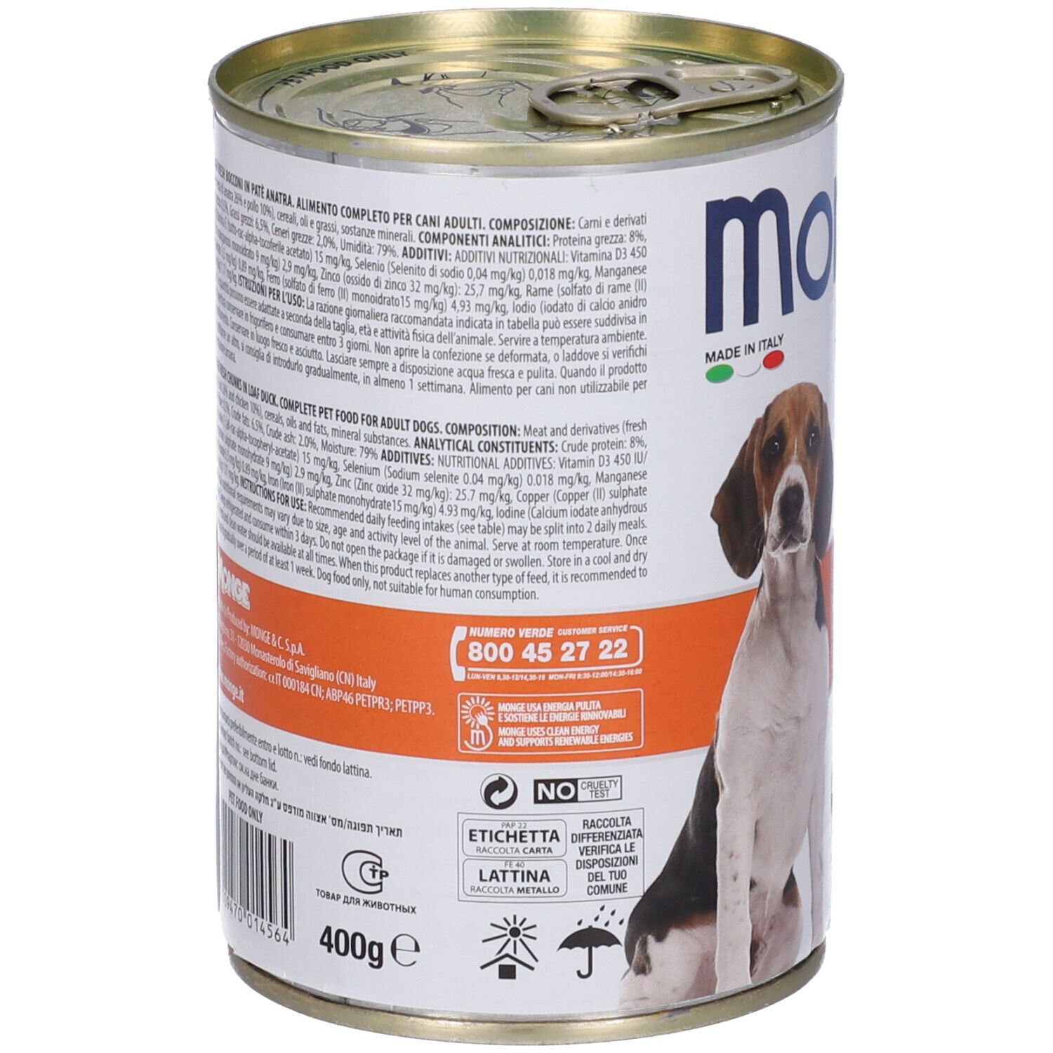 Lattina di cibo per cani, retro. Informazioni testuali, ingredienti, valori nutrizionali. Marchio Monge, Made in Italy.