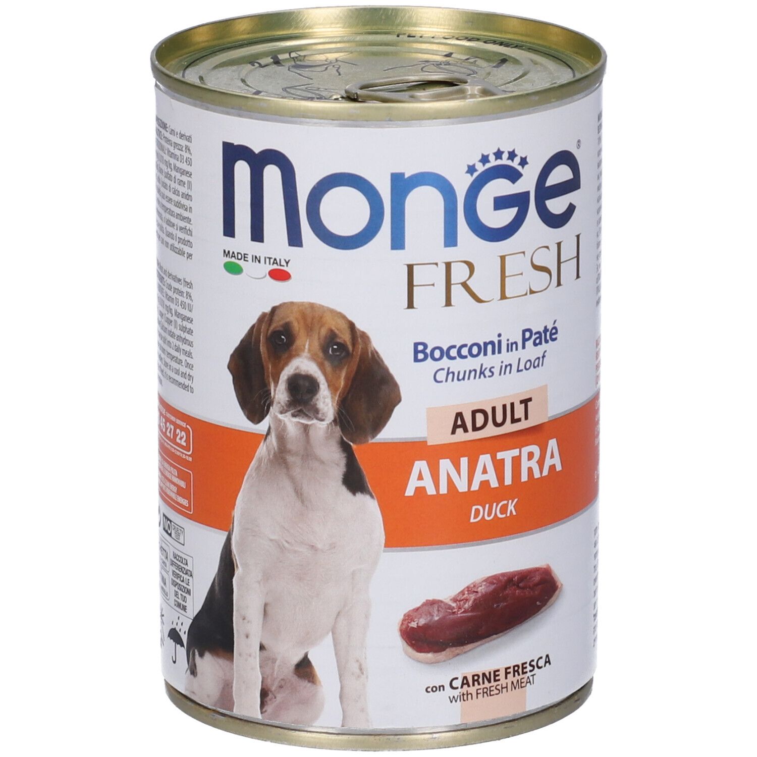 Lattina di cibo per cani. Monge Fresh Adult Anatra Bocconi In Paté. Immagine di un cane e anatra.
