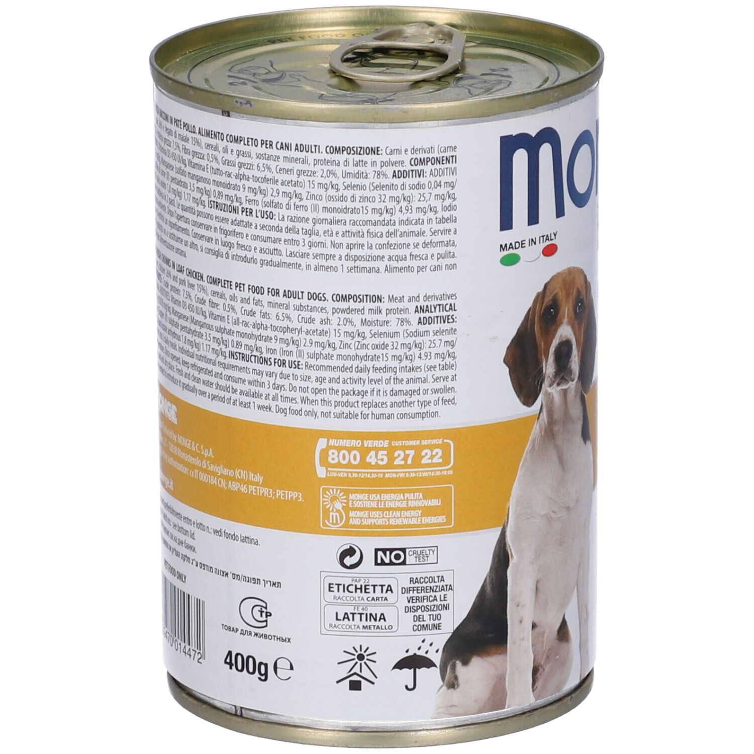 Lattina di cibo per cani, retro con testo. Scritta: Monge. Contiene informazioni su ingredienti e valori nutrizionali.