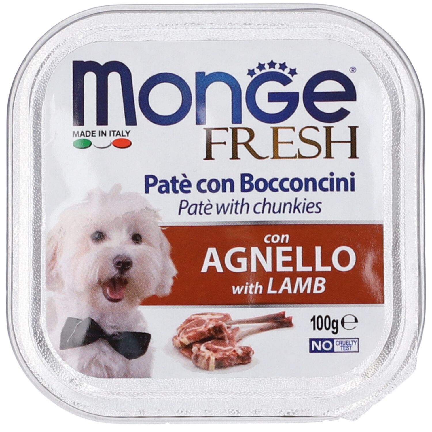 Monge Fresh Agnello, cibo per cani in confezione quadrata. Stampa con nome del prodotto, cane e agnello. 100g.
