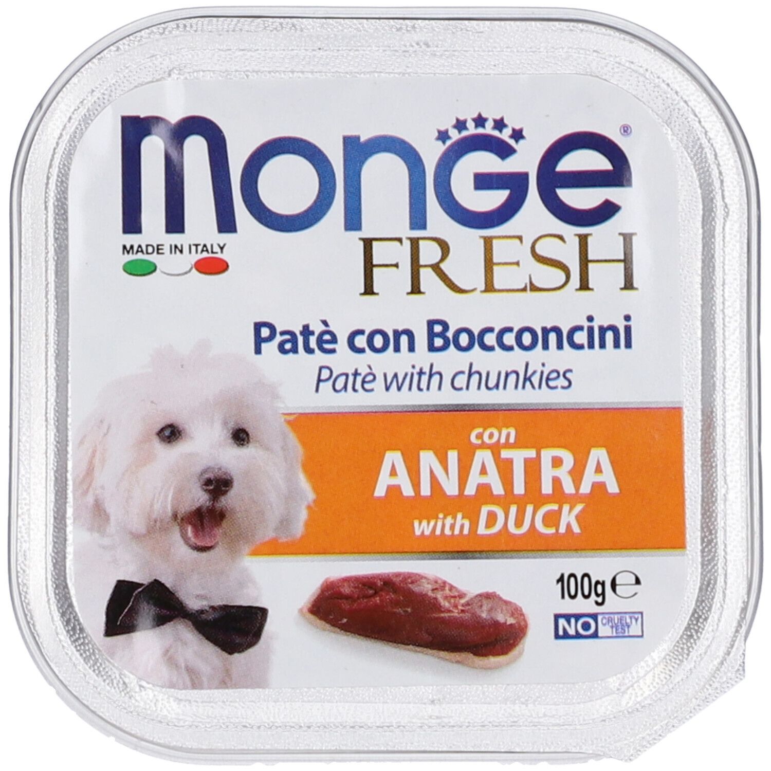Monge Fresh Anatra, vaschetta quadrata con immagine del prodotto e logo. Contiene Patè con Bocconcini all'Anatra.