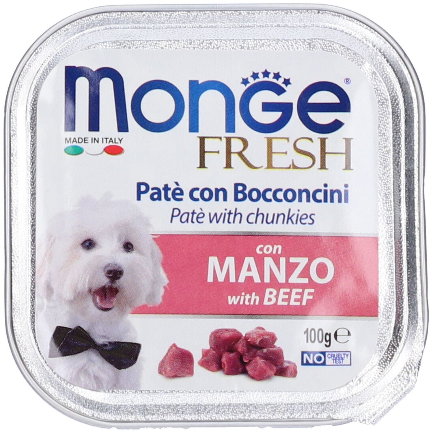 Monge Fresh Paté con Bocconcini. Scatola di cibo per cani, 'Manzo with Beef'. Immagine di cane e bocconcini di carne.