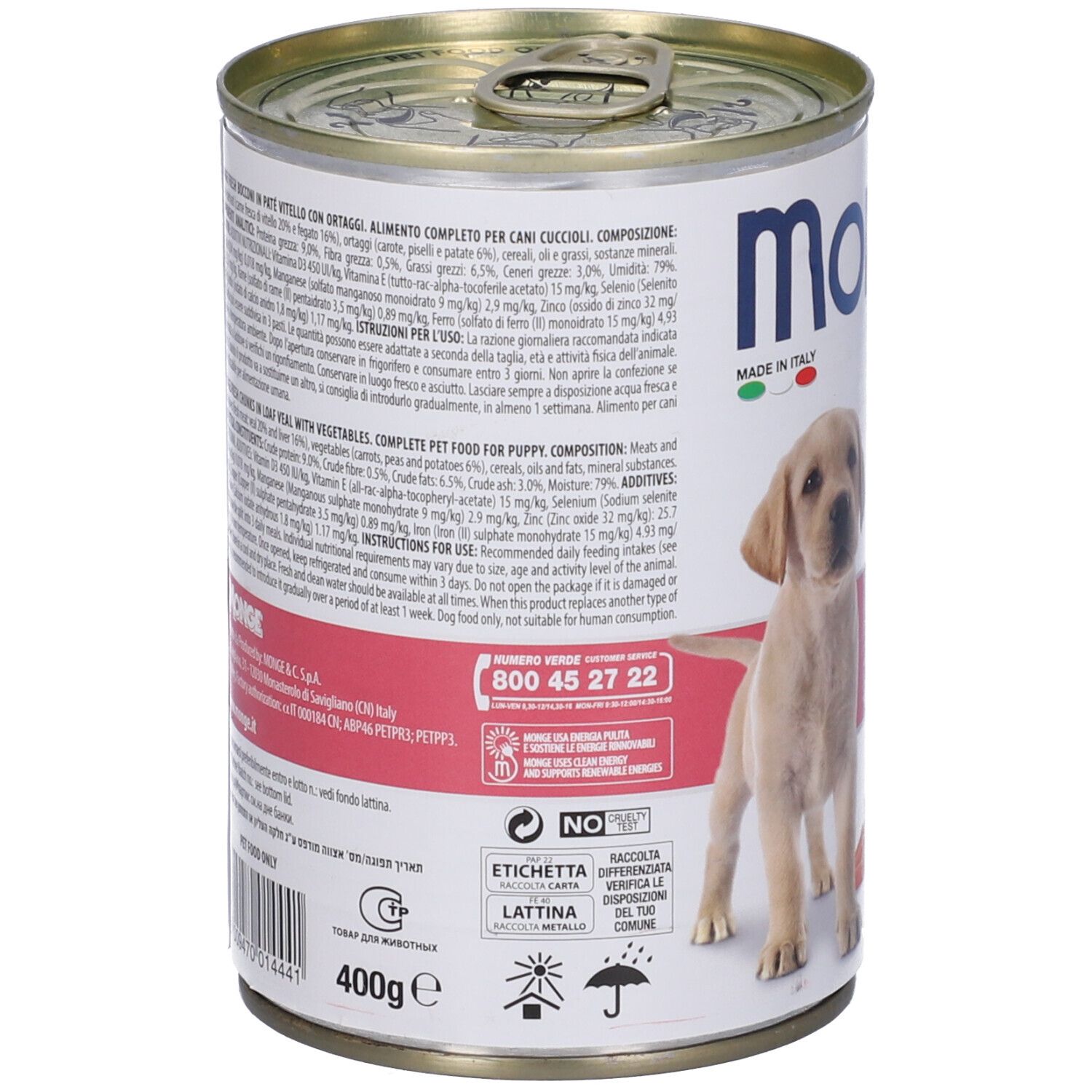 Retro della lattina Monge Fresh. Testo: composizione, analisi, raccomandazioni, informazioni produttore.