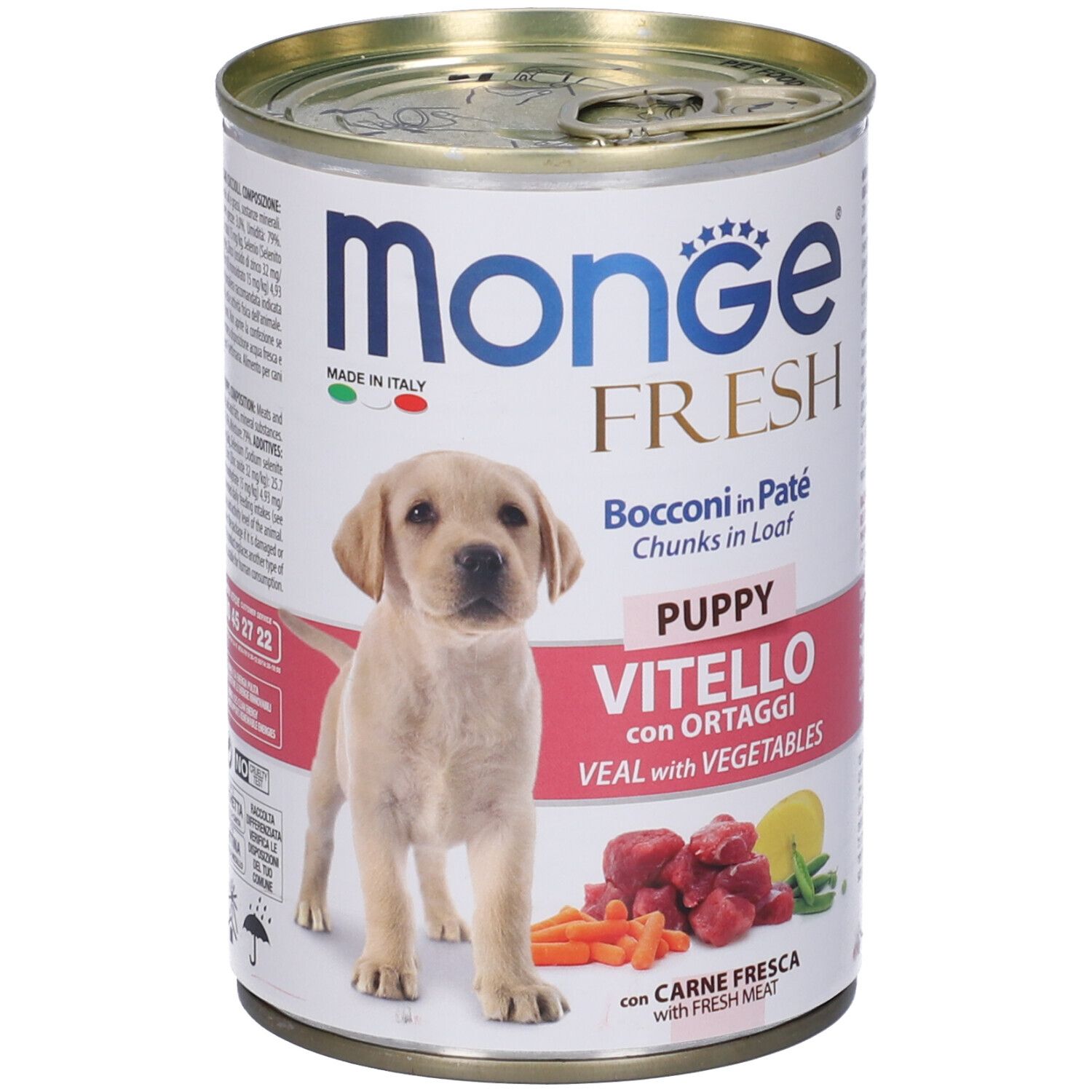 Lattina di cibo per cani Monge Fresh. Immagine di cucciolo. Scritta: Vitello con Ortaggi, Veal with Vegetables.