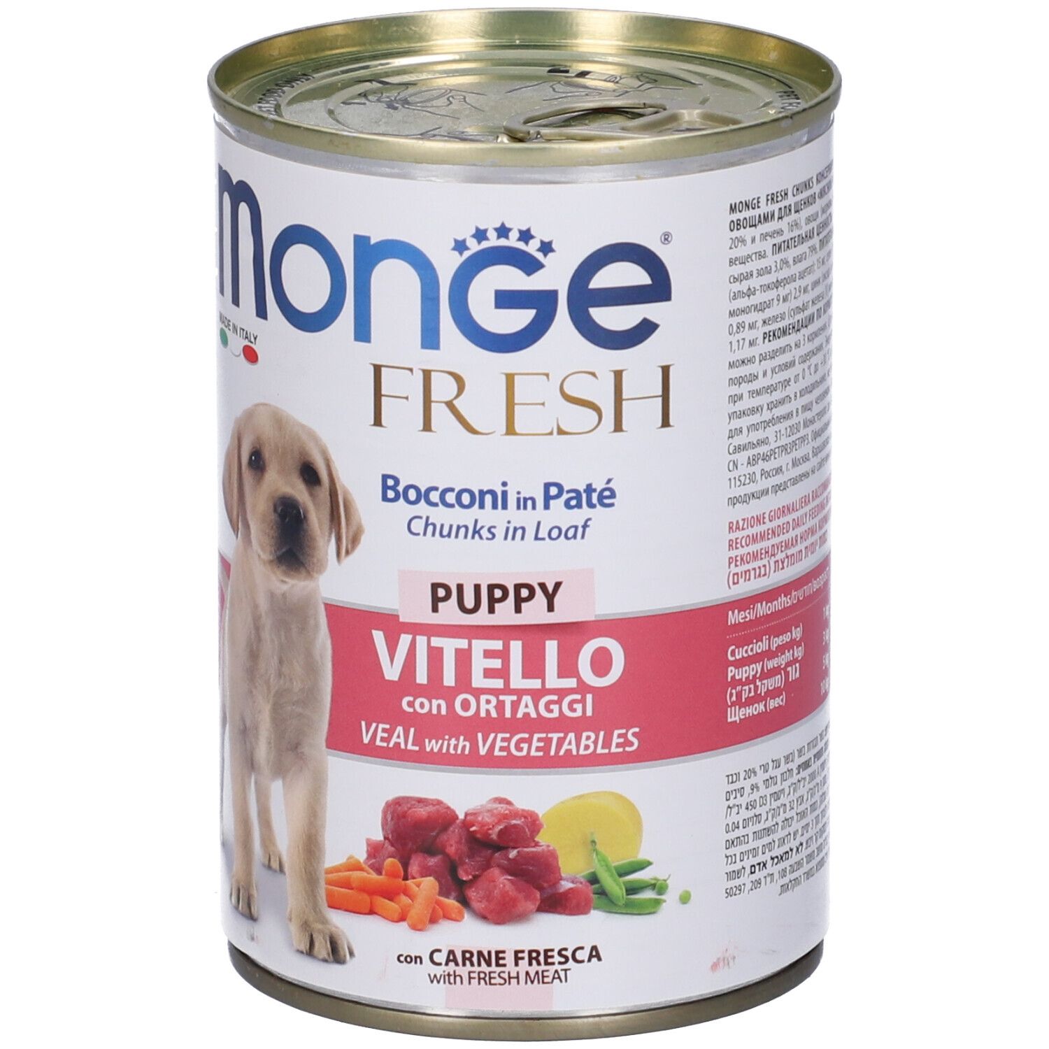 Lattina di cibo per cani Monge Fresh. Immagine di cucciolo. Scritta: Vitello con Ortaggi, Veal with Vegetables.