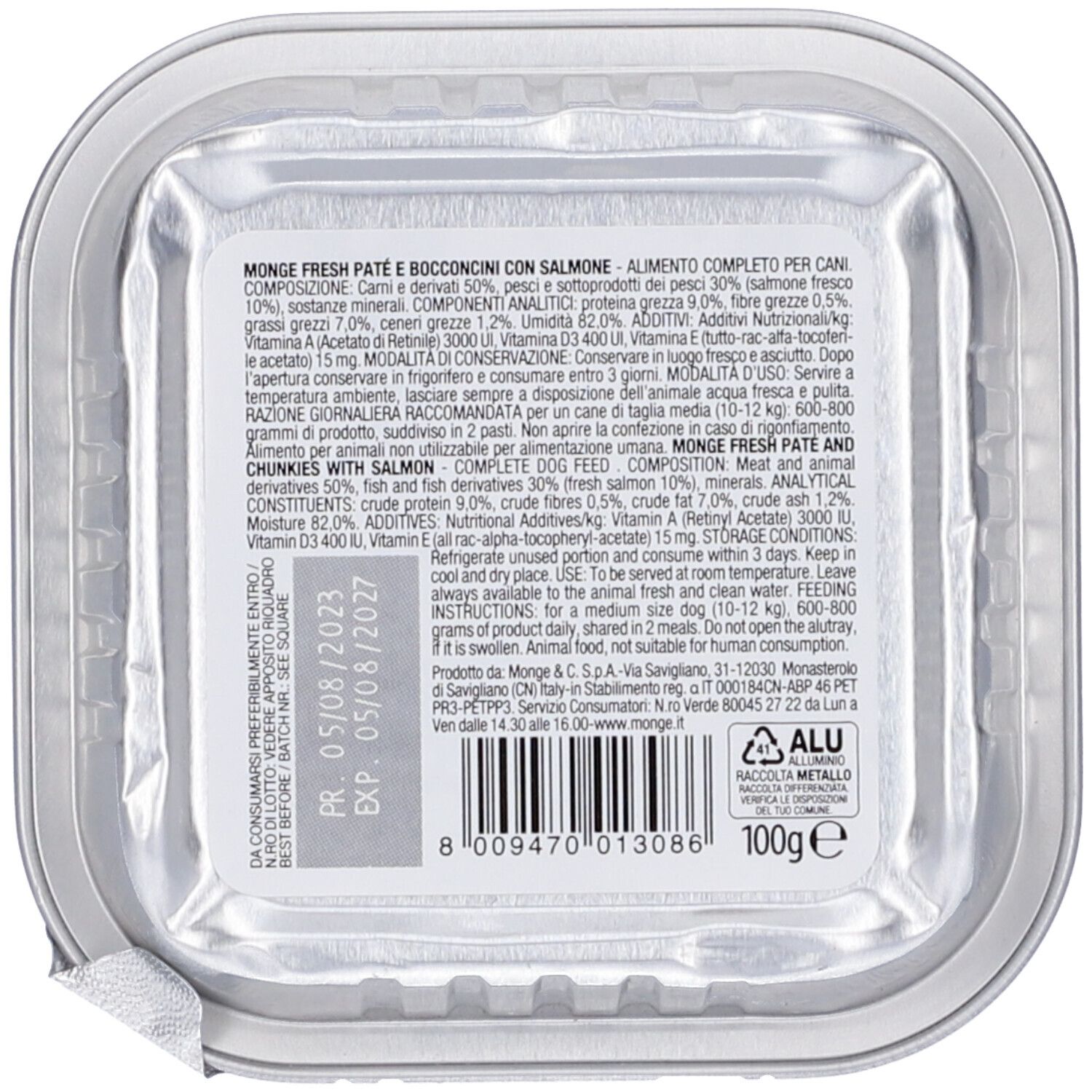 Monge Fresh Salmone, interno della confezione con testo. Contiene informazioni su ingredienti, durata e peso. 100g.