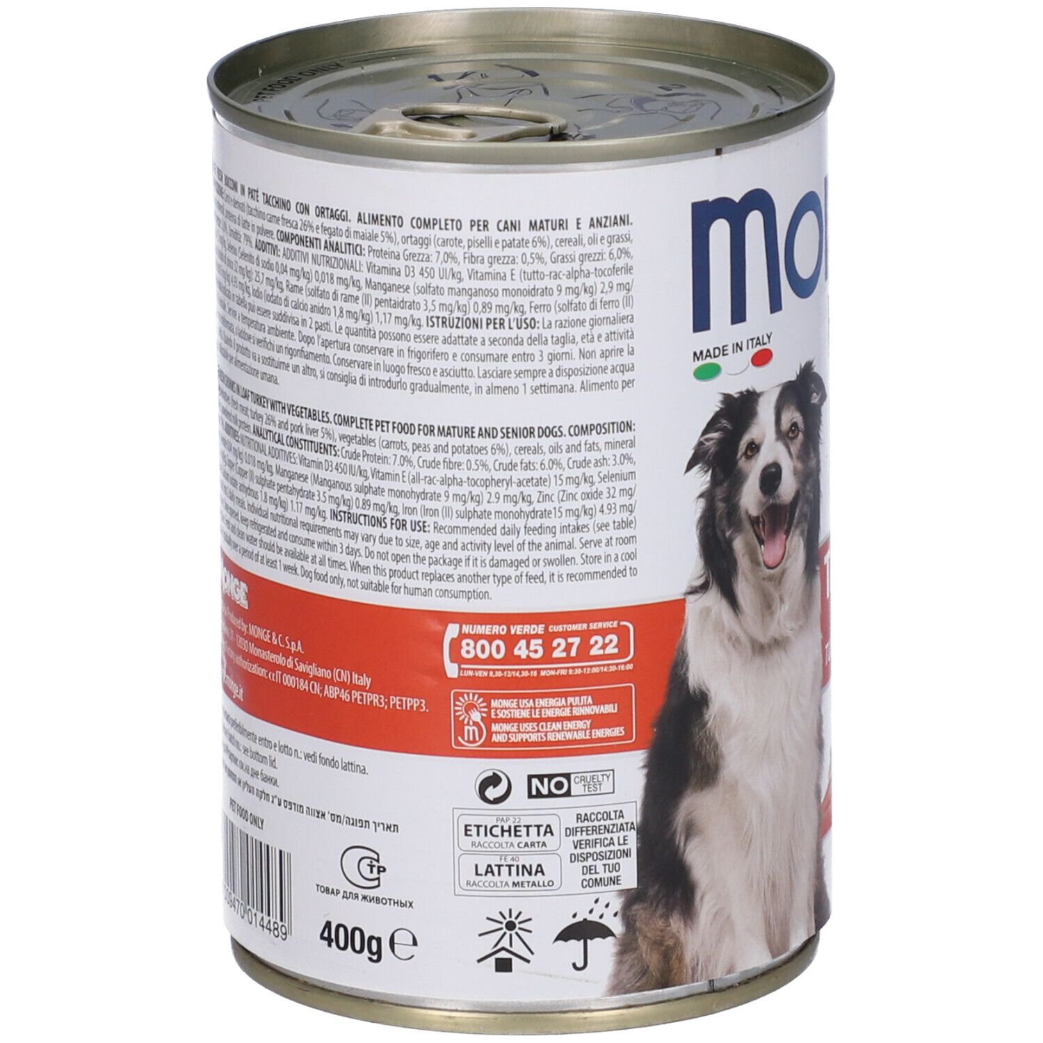 Lattina di cibo per cani "Monge Fresh Senior". Retro con ingredienti, nutrizione e contatti.