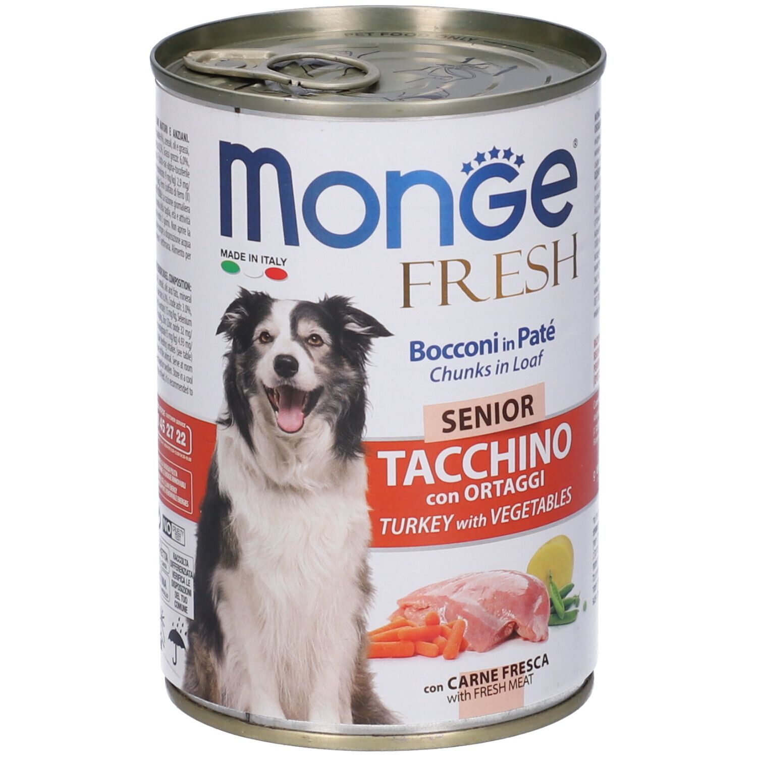 Lattina di cibo per cani "Monge Fresh Senior Tacchino con Ortaggi". Immagine di cane, tacchino e verdure.