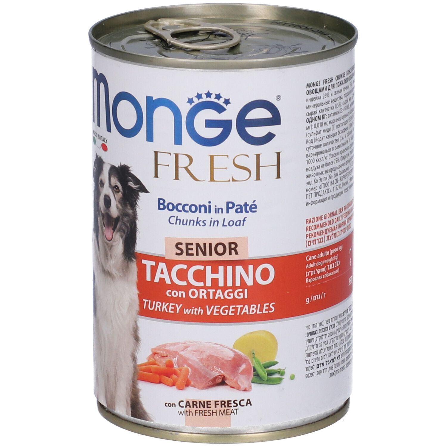Lattina di cibo per cani "Monge Fresh Senior Tacchino con Ortaggi". Immagine di cane, tacchino e verdure.