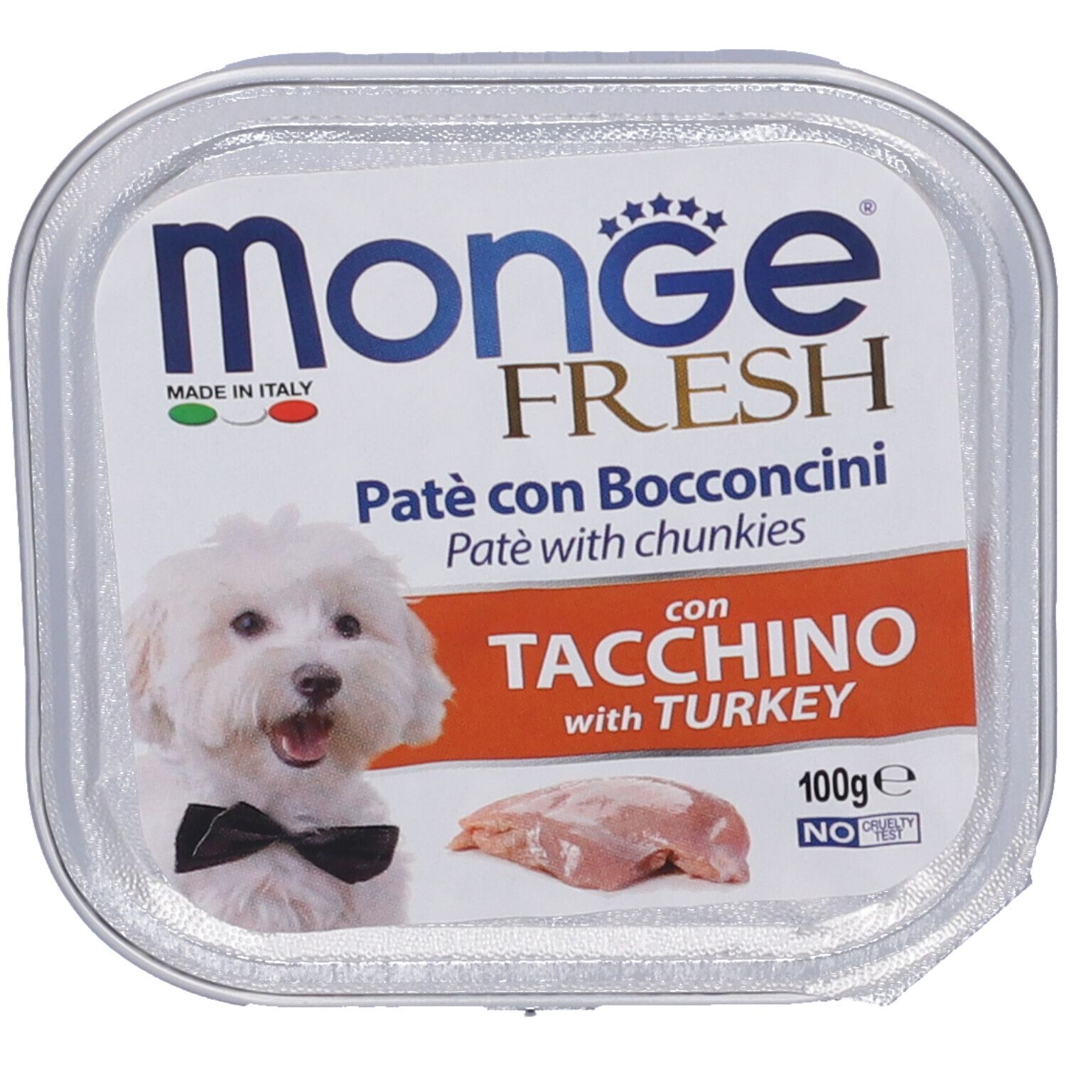 Monge Fresh Paté con Bocconcini, confezione con foto di cane e testo: Tacchino with Turkey.