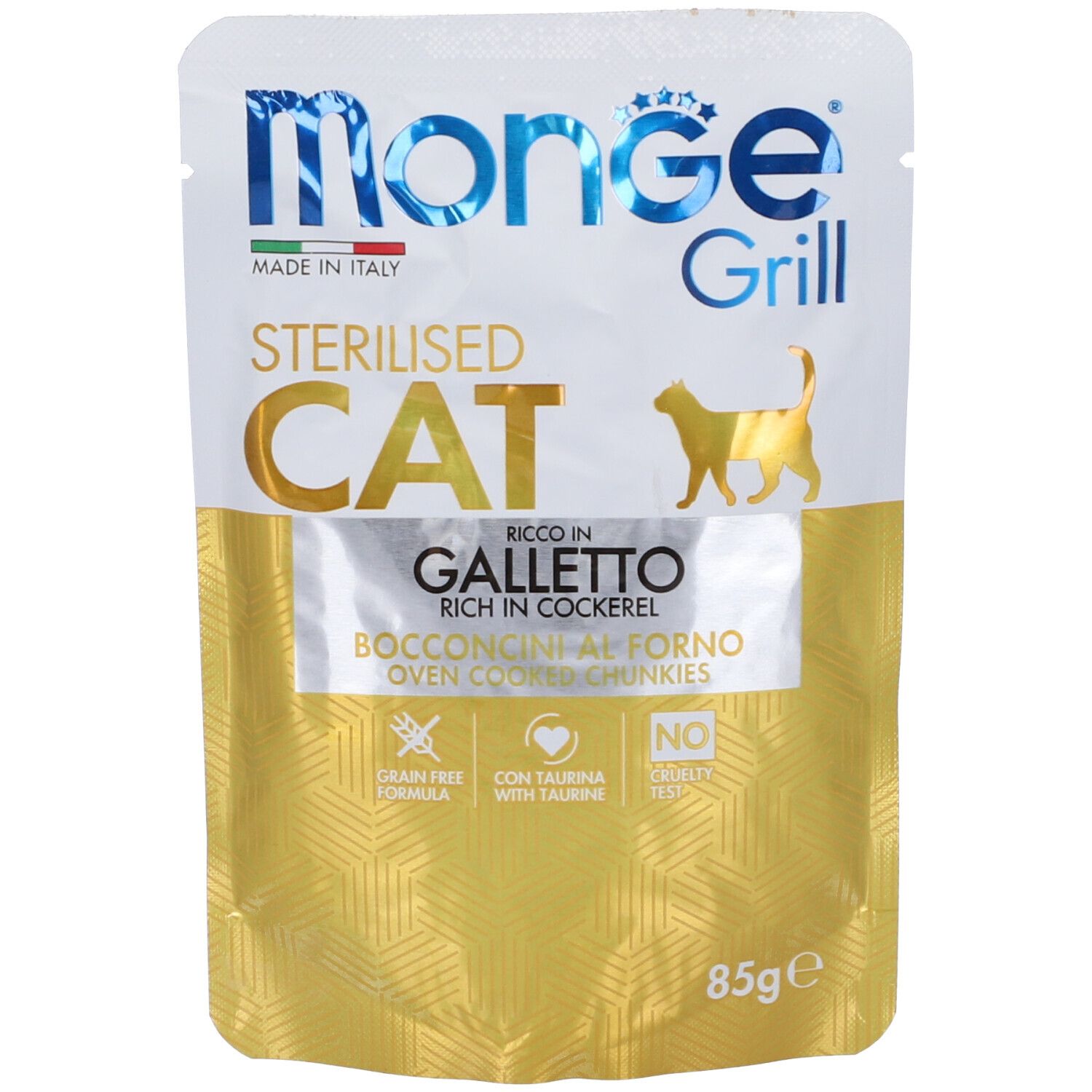 Confezione di cibo per gatti. "Monge Grill Sterilised Cat" con toni oro e bianco. Contiene 85g.