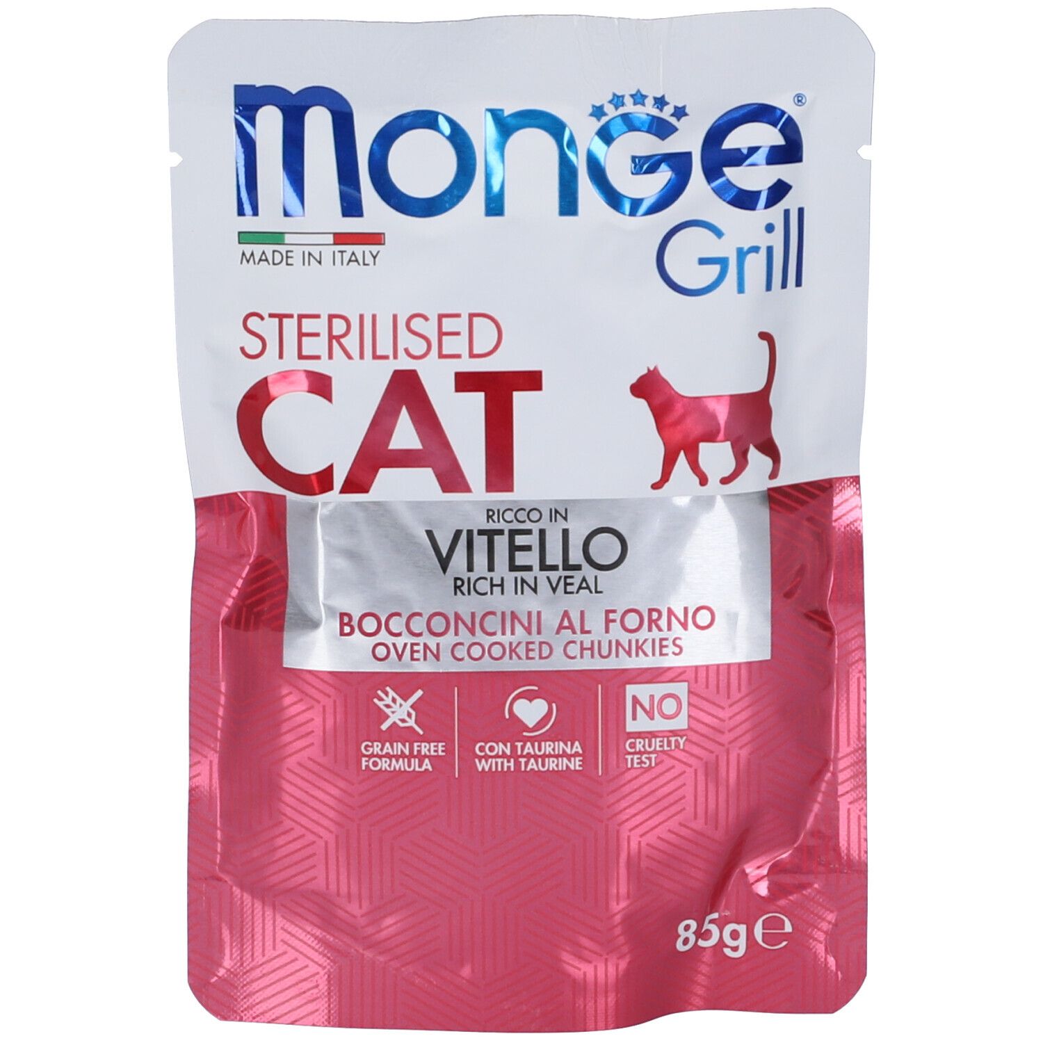 Busta rosa "Monge Grill" per gatti sterilizzati, gusto "Vitello". Contiene "85g".