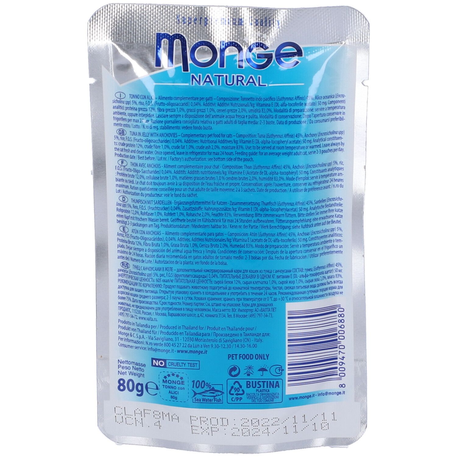 Retro della busta Monge Natural. Contiene informazioni testuali, inclusi ingredienti e data di scadenza.