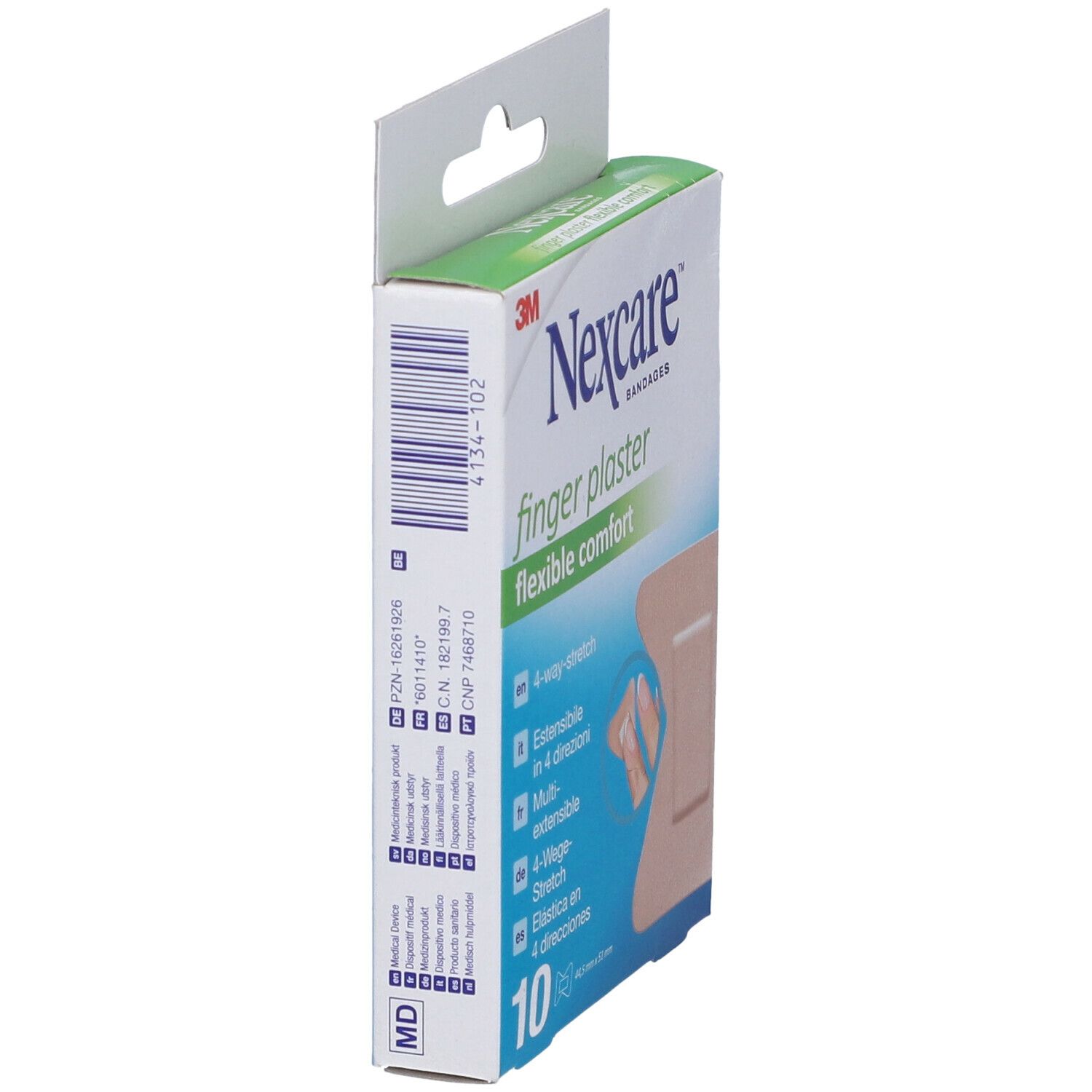 Vista laterale della confezione cerotti per dita Nexcare. Codice a barre e informazioni. 10 cerotti. Estensibile in 4 direzioni.