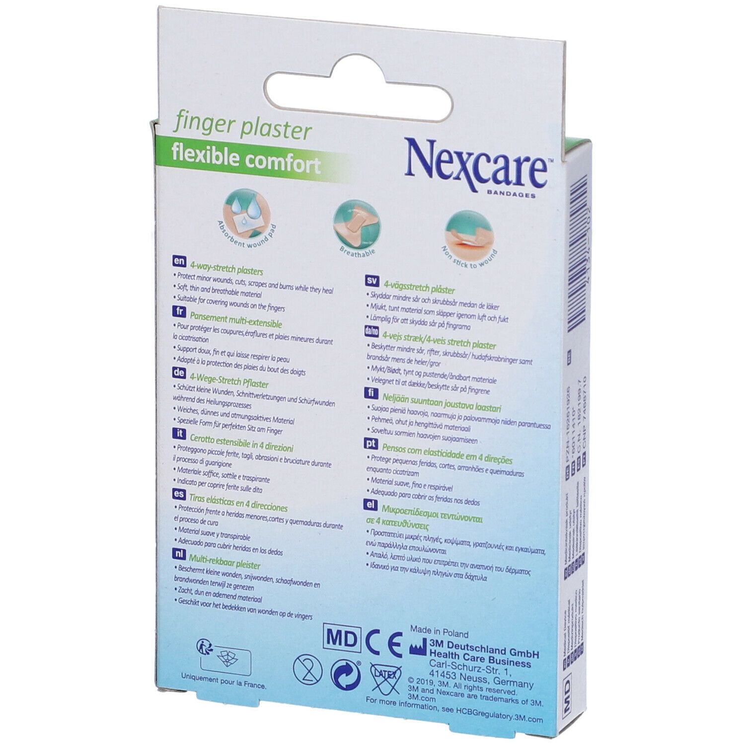 Retro della confezione cerotti per dita Nexcare. Informazioni prodotto multilingue. Certificazioni e dettagli produttore.