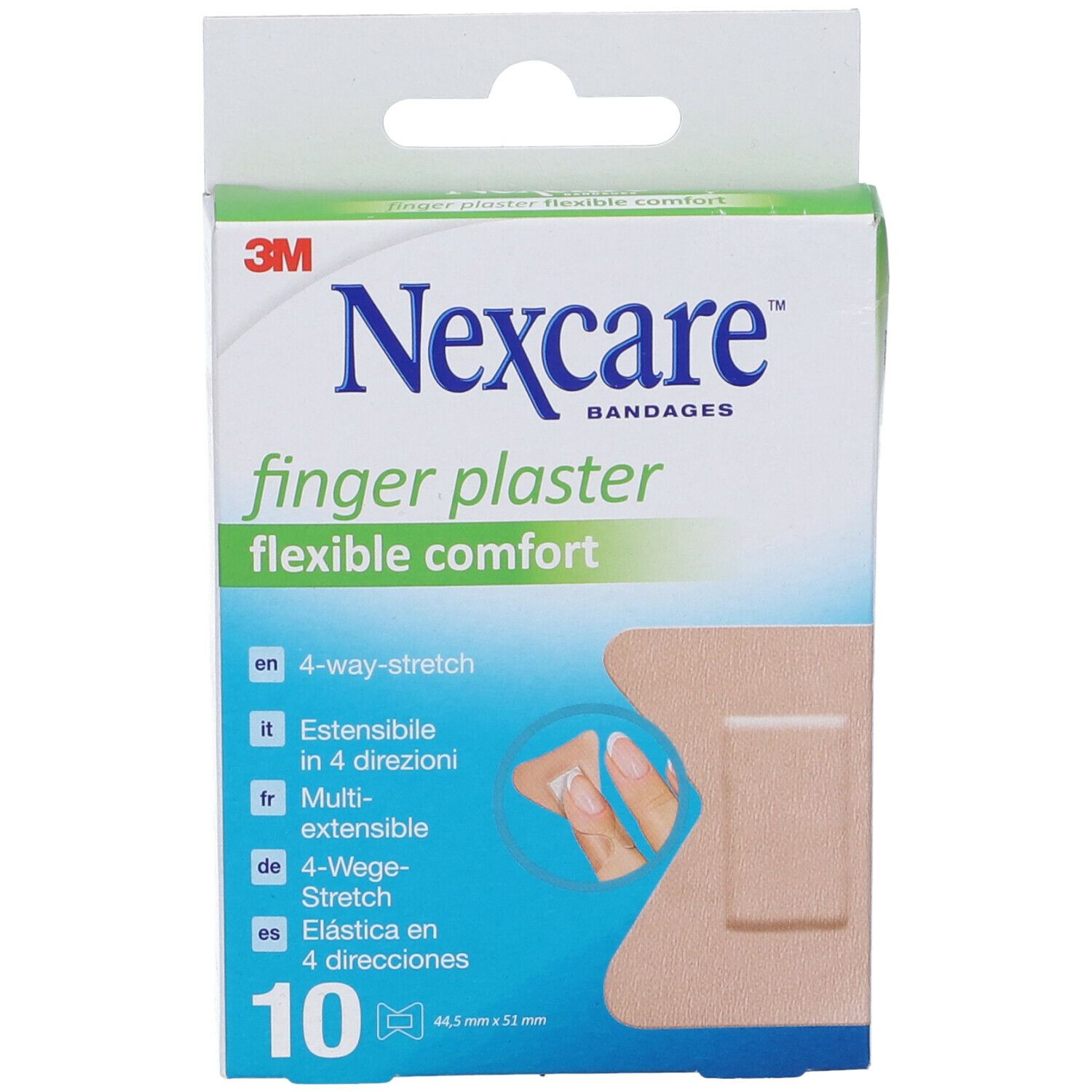 Confezione cerotti per dita Nexcare. Contiene 10 cerotti, 44,5 mm x 51 mm. Estensibile in 4 direzioni. Marchio e nome del prodotto visibili.