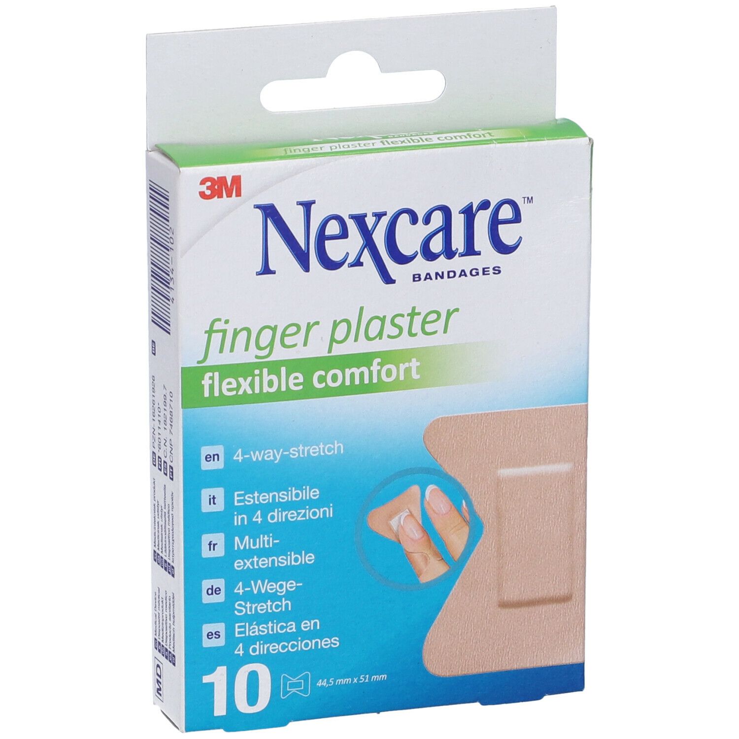 Confezione cerotti per dita Nexcare. Contiene 10 cerotti, 44,5 mm x 51 mm. Estensibile in 4 direzioni. Marchio e nome del prodotto visibili.